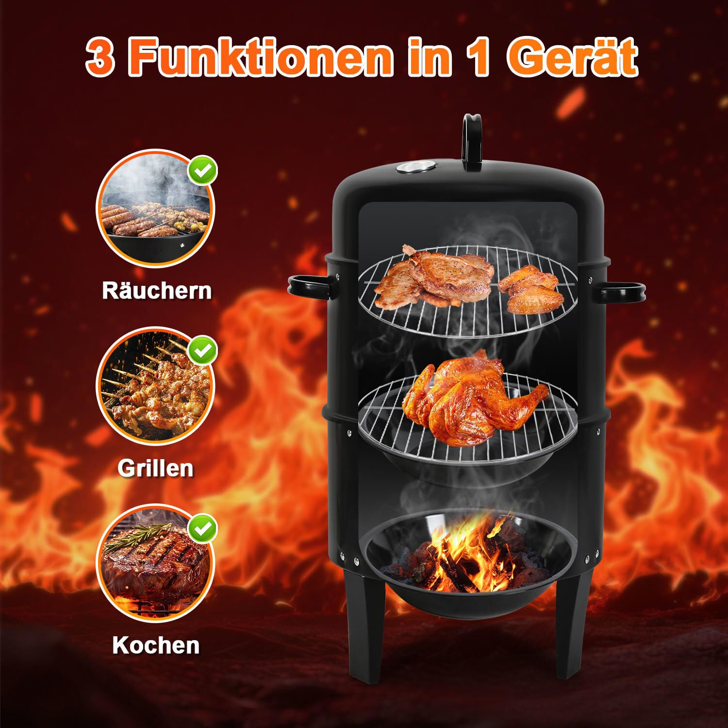 Lospitch Smoker Räucherofen 3 in 1 Grill Ø40×80 cm mit Thermometer