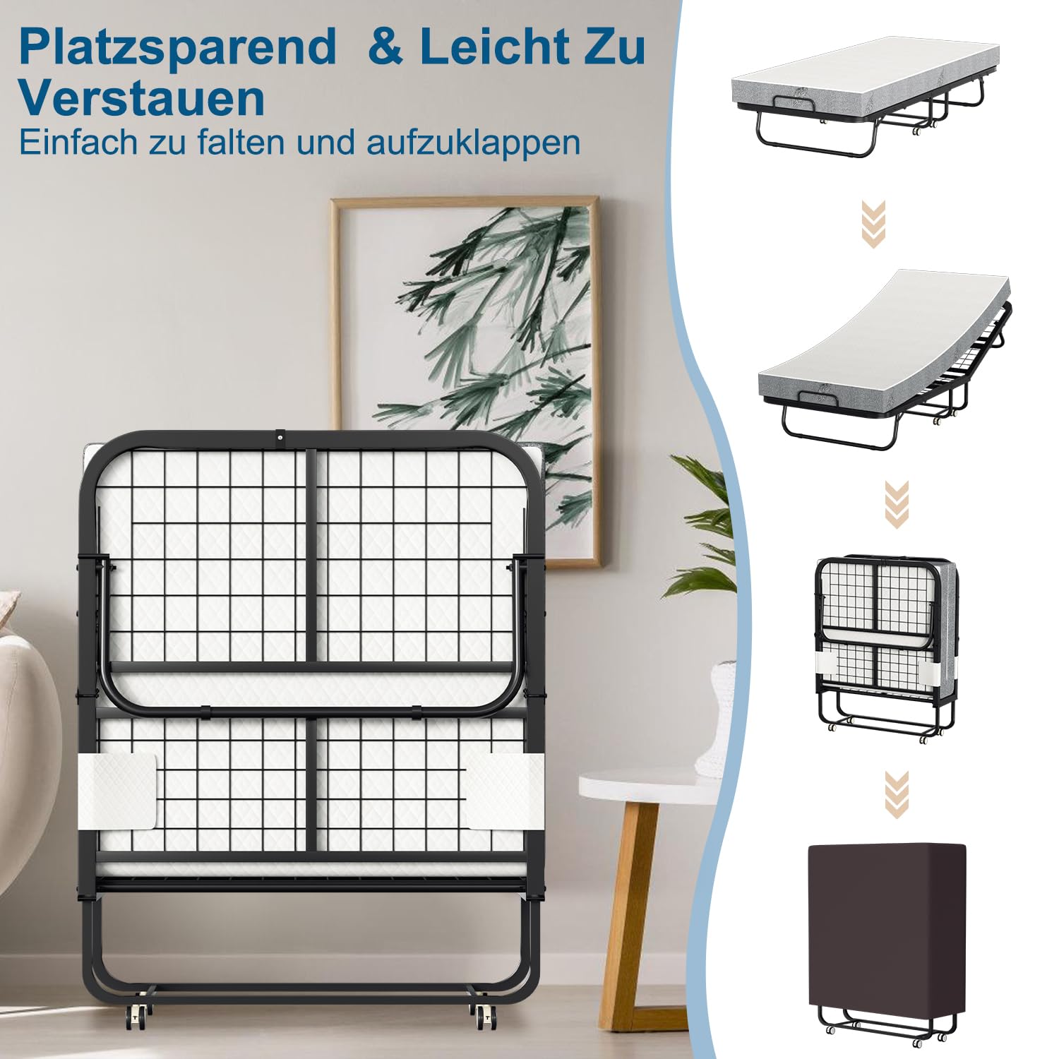 Lospitch Klappbett 90 x 200 cm mit 13 cm Schaumstoffmatratze Metallrahmen Rollen bis 200 kg