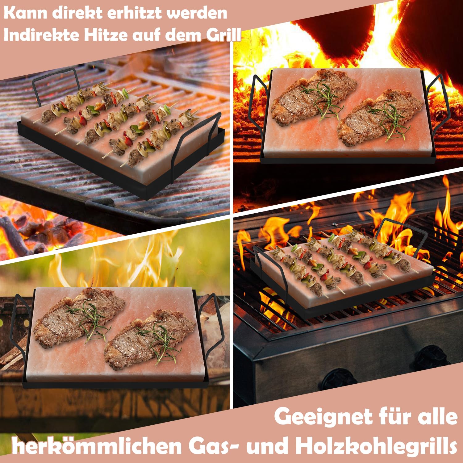 Lospitch Salzstein zum Grillen 20x30 cm Salzgrillstein mit Eisenplatte für BBQ