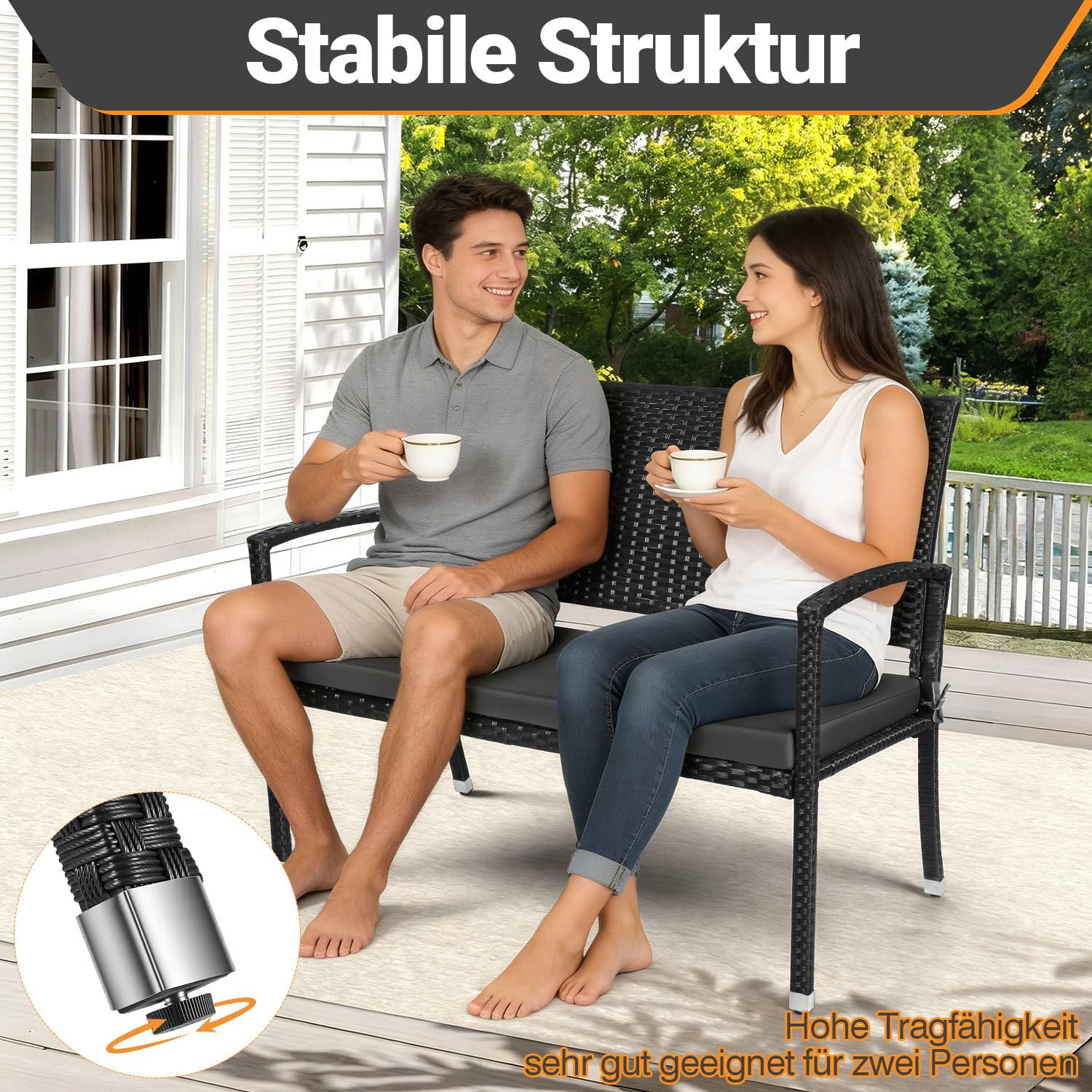 Lospitch Gartenbank Polyrattan 2-Sitzer mit Kissen für Garten und Terrasse
