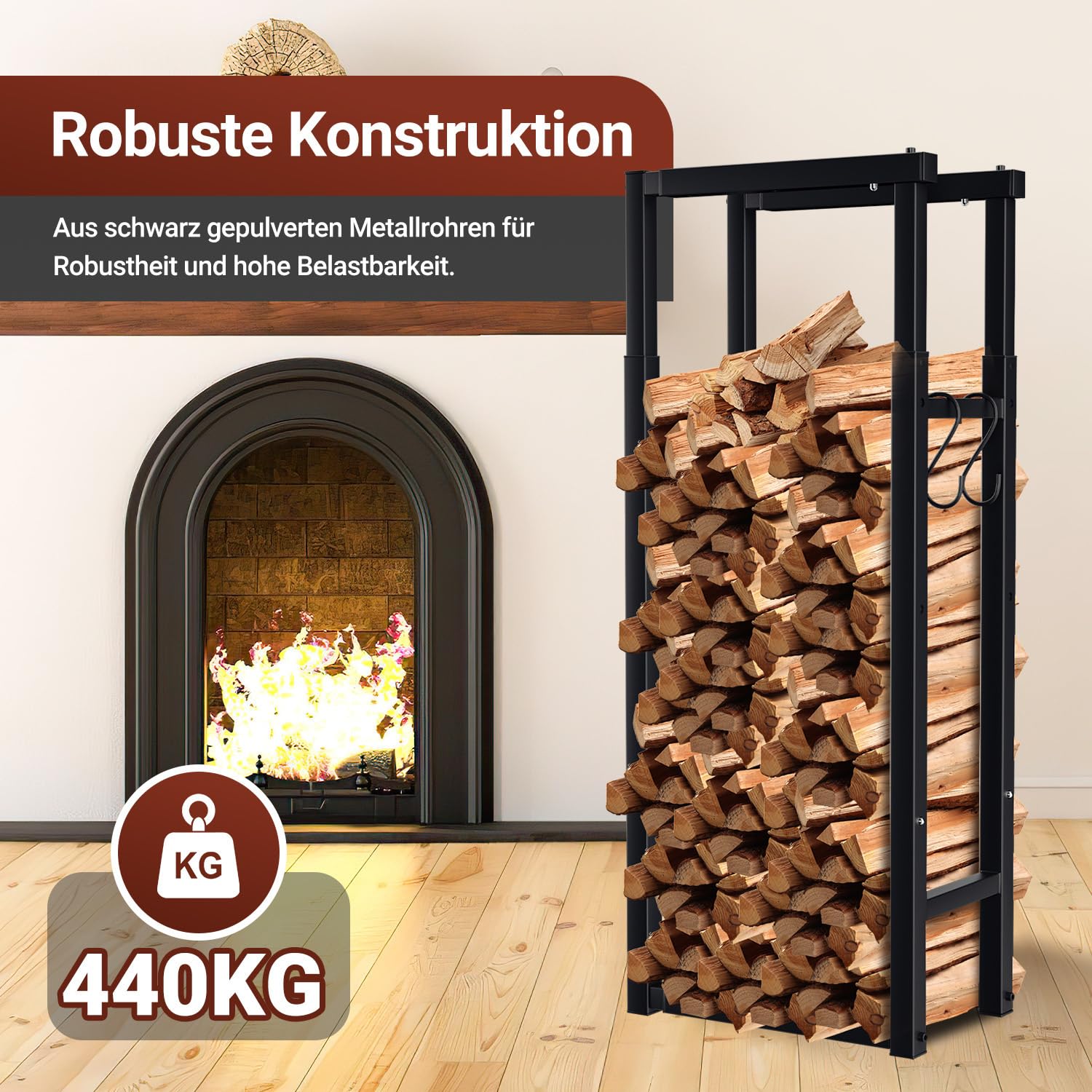 Lospitch Brennholzregal 9-fach verstellbar mit 4 Haken für Kaminholz