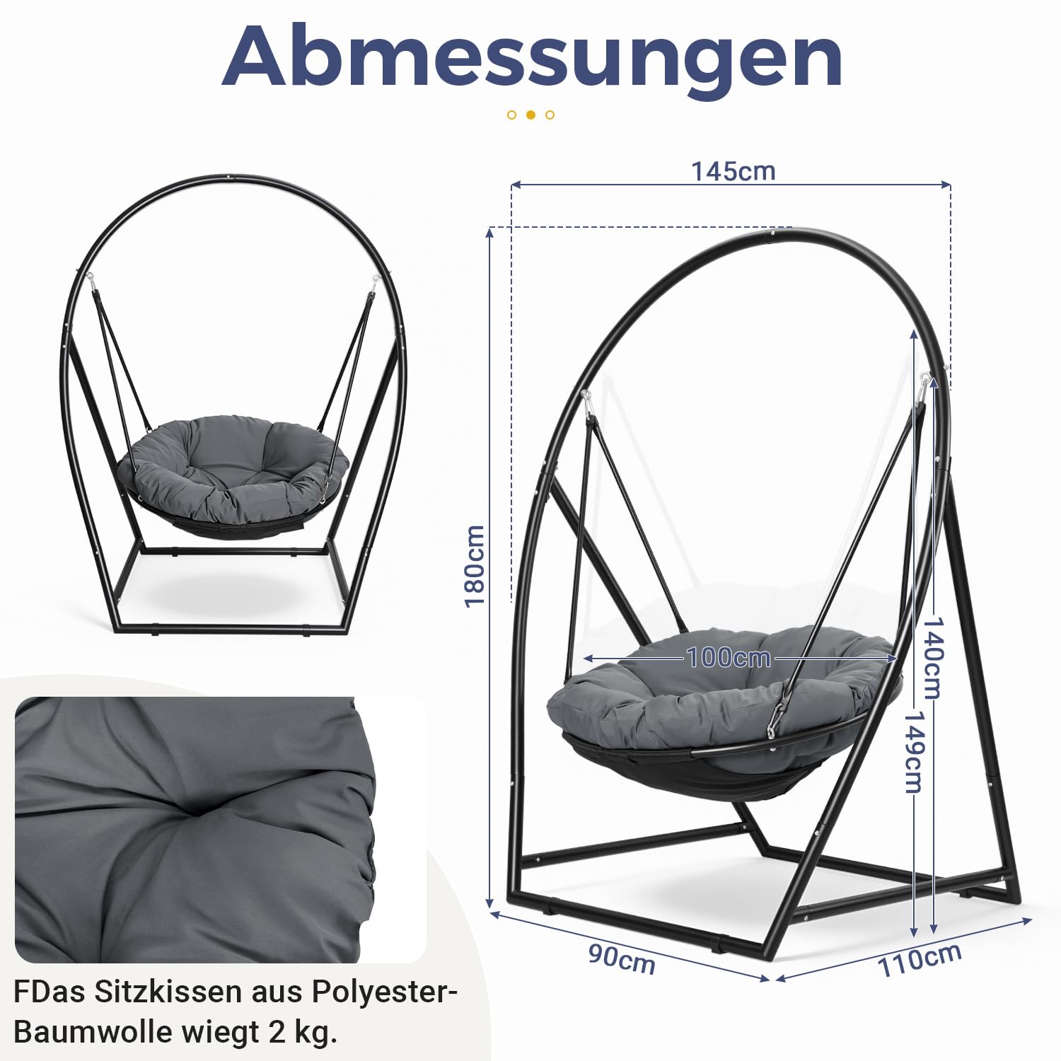 Lospitch Hängesessel mit Gestell, 100 cm Sitzfläche, bis 150 kg für Garten und Terrasse
