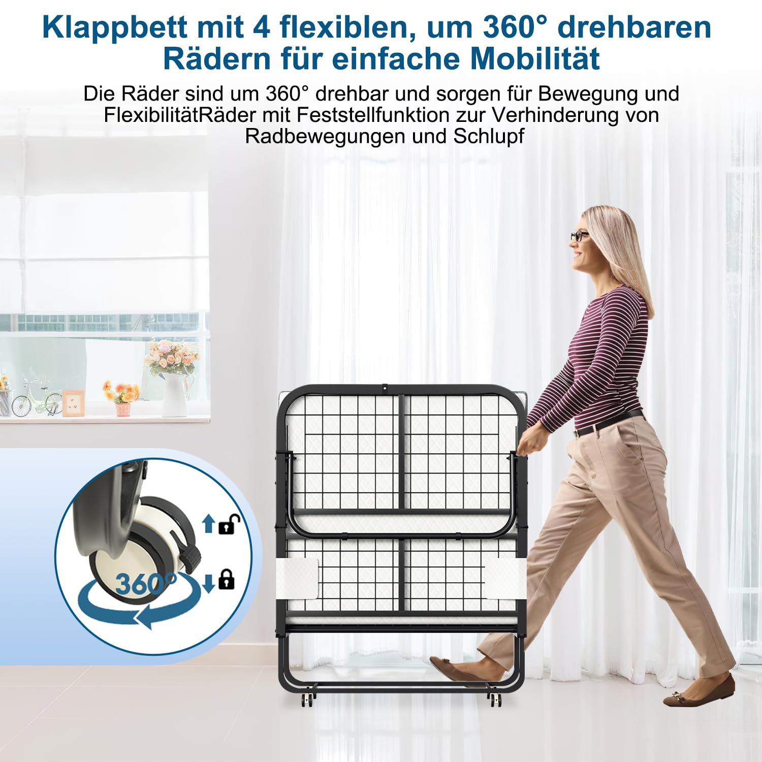 Lospitch Klappbett 90 x 200 cm mit 13 cm Schaumstoffmatratze Metallrahmen Rollen bis 200 kg