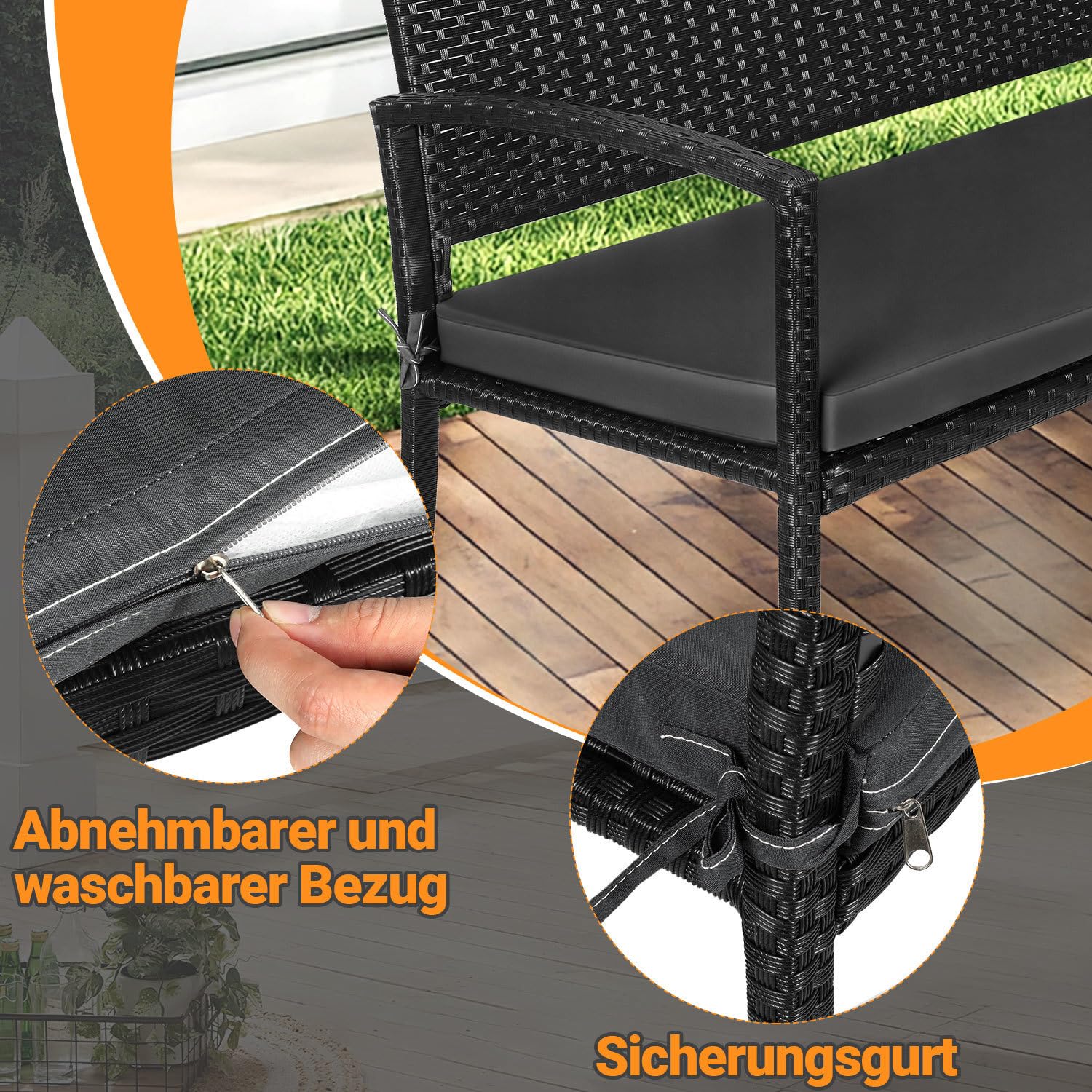 Lospitch Gartenbank Polyrattan 2-Sitzer mit Kissen für Garten und Terrasse