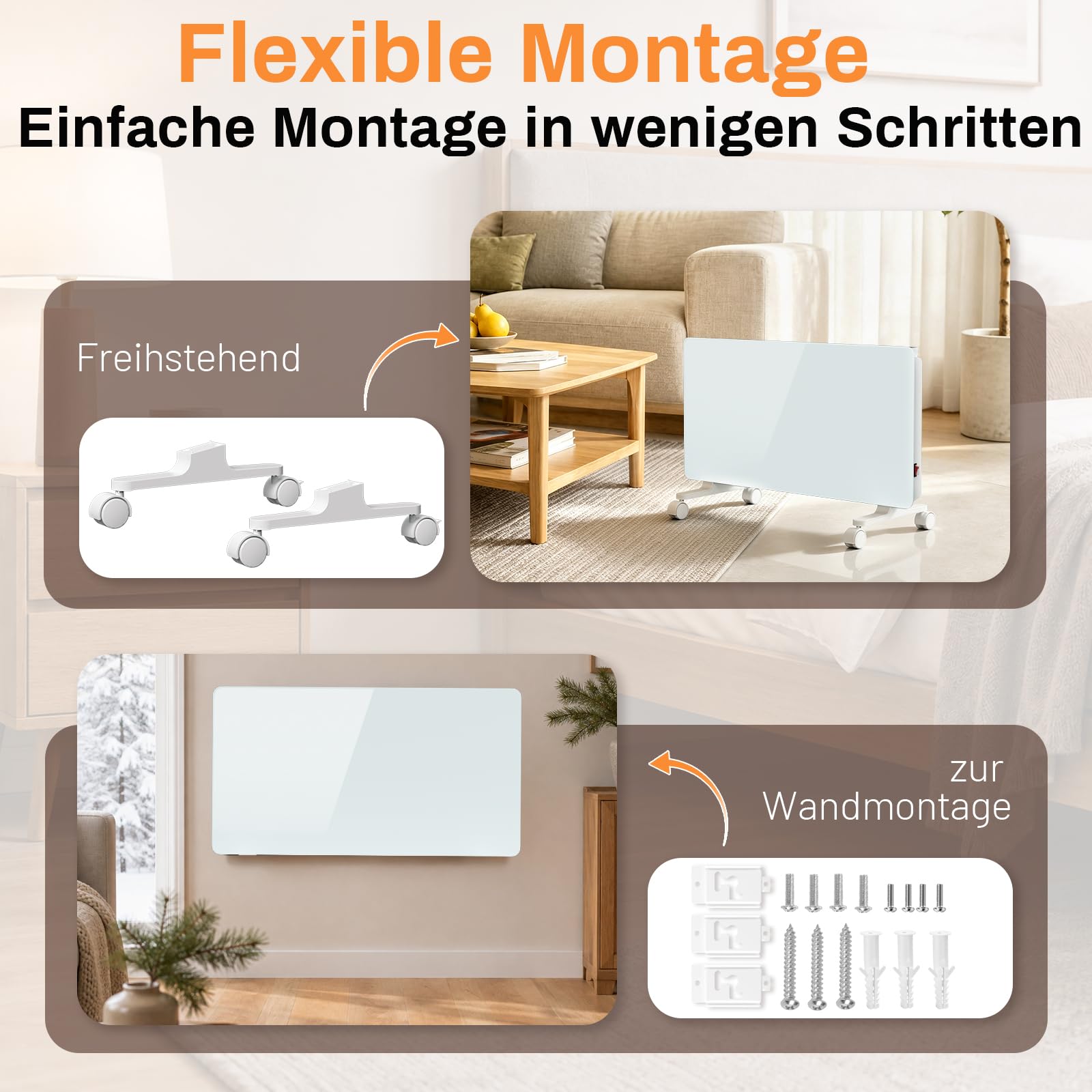 Lospitch WLAN Konvektor Heizung 2000/2500W mit Thermostat und Glasfront