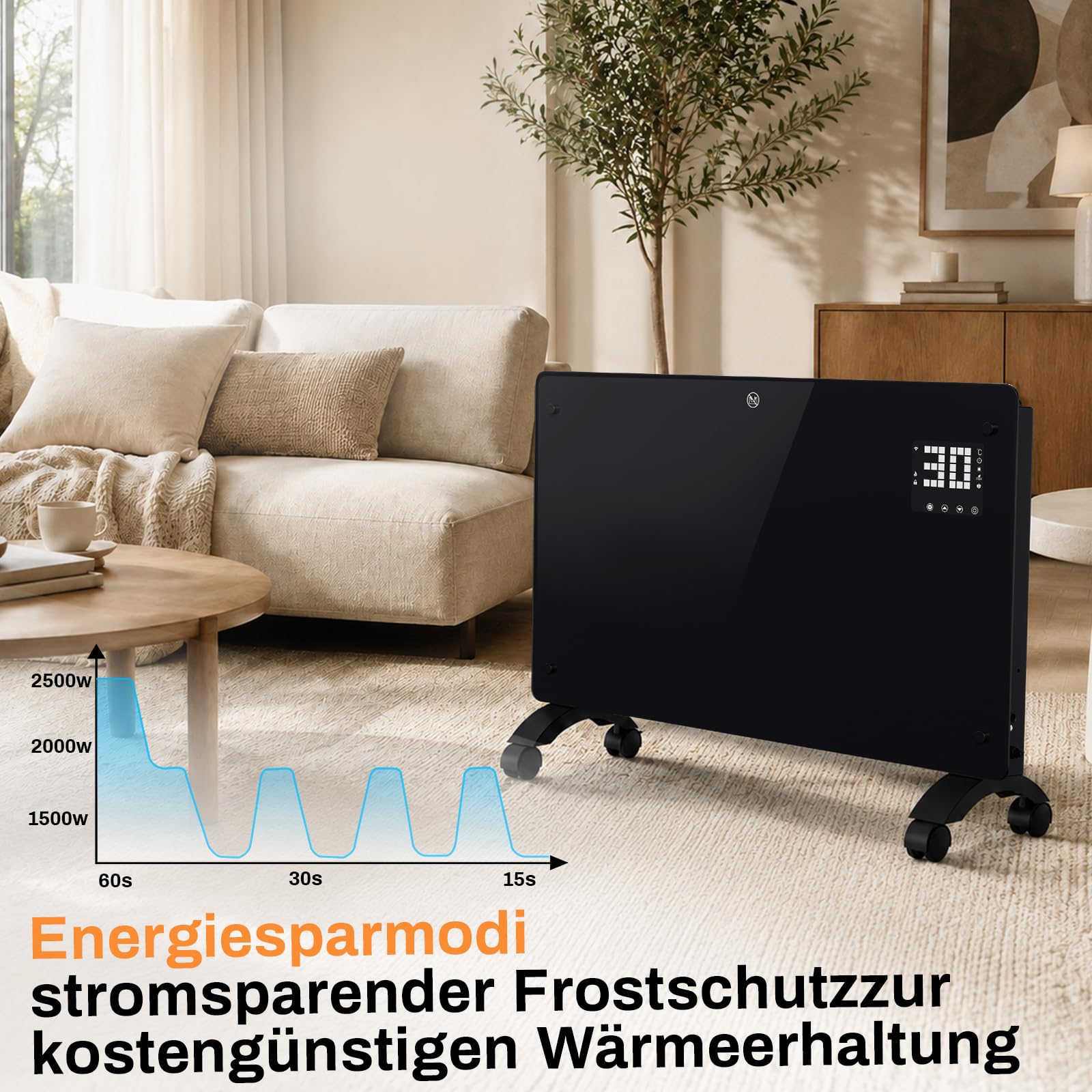 Lospitch WLAN Konvektor Heizung 2000/2500W mit Thermostat und Glasfront
