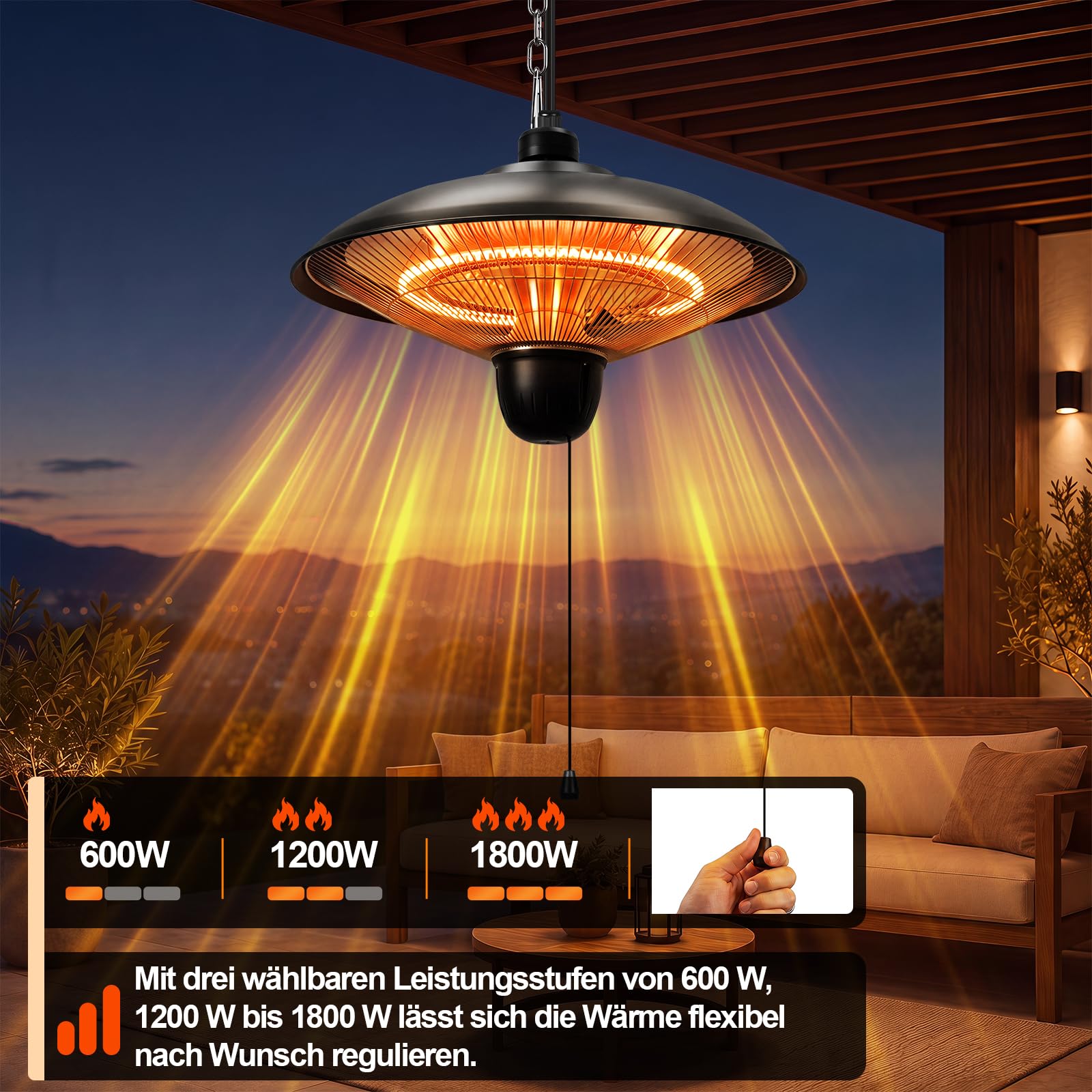 Lospitch Hängeheizstrahler 1800W mit 3 Heizstufen IP55 für Terrasse Balkon