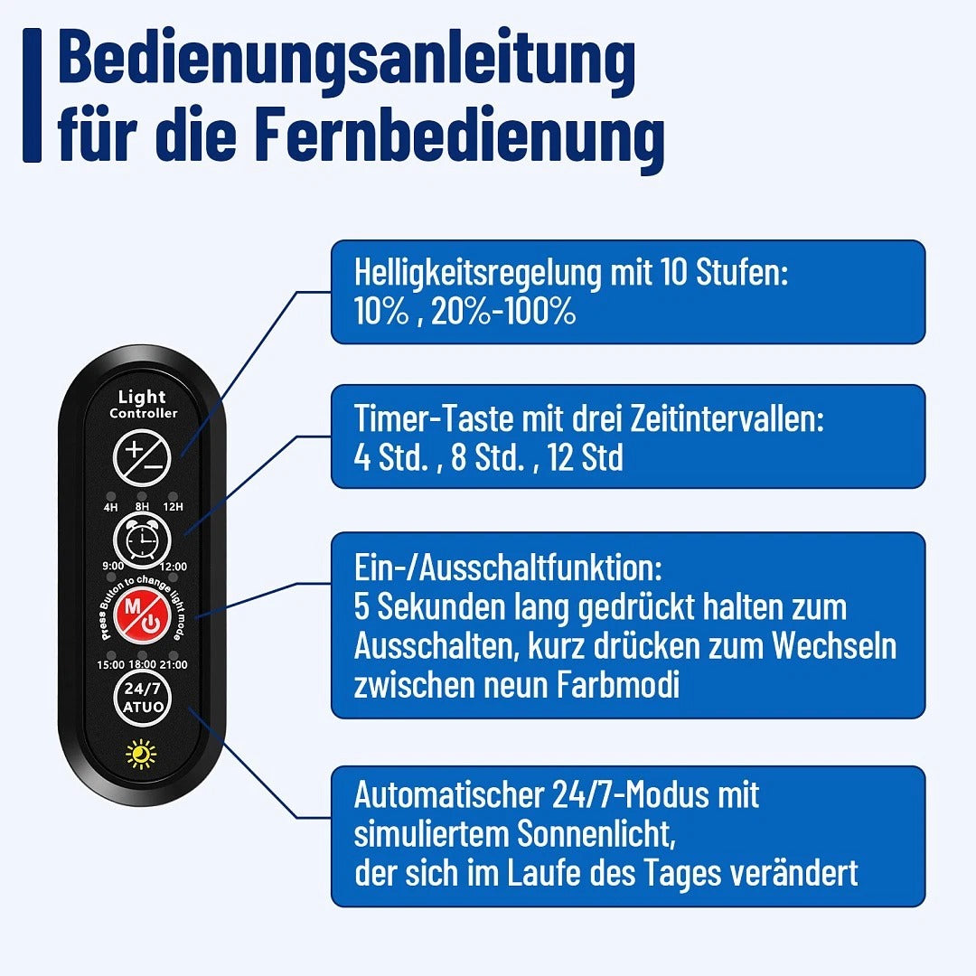 Lospitch LED Aquarienbeleuchtung 12–36W mit 4/8/12H Timer IP66 für 30–120 cm Becken