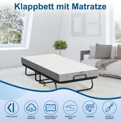 Lospitch Klappbett 90 x 200 cm mit 13 cm Schaumstoffmatratze Metallrahmen Rollen bis 200 kg