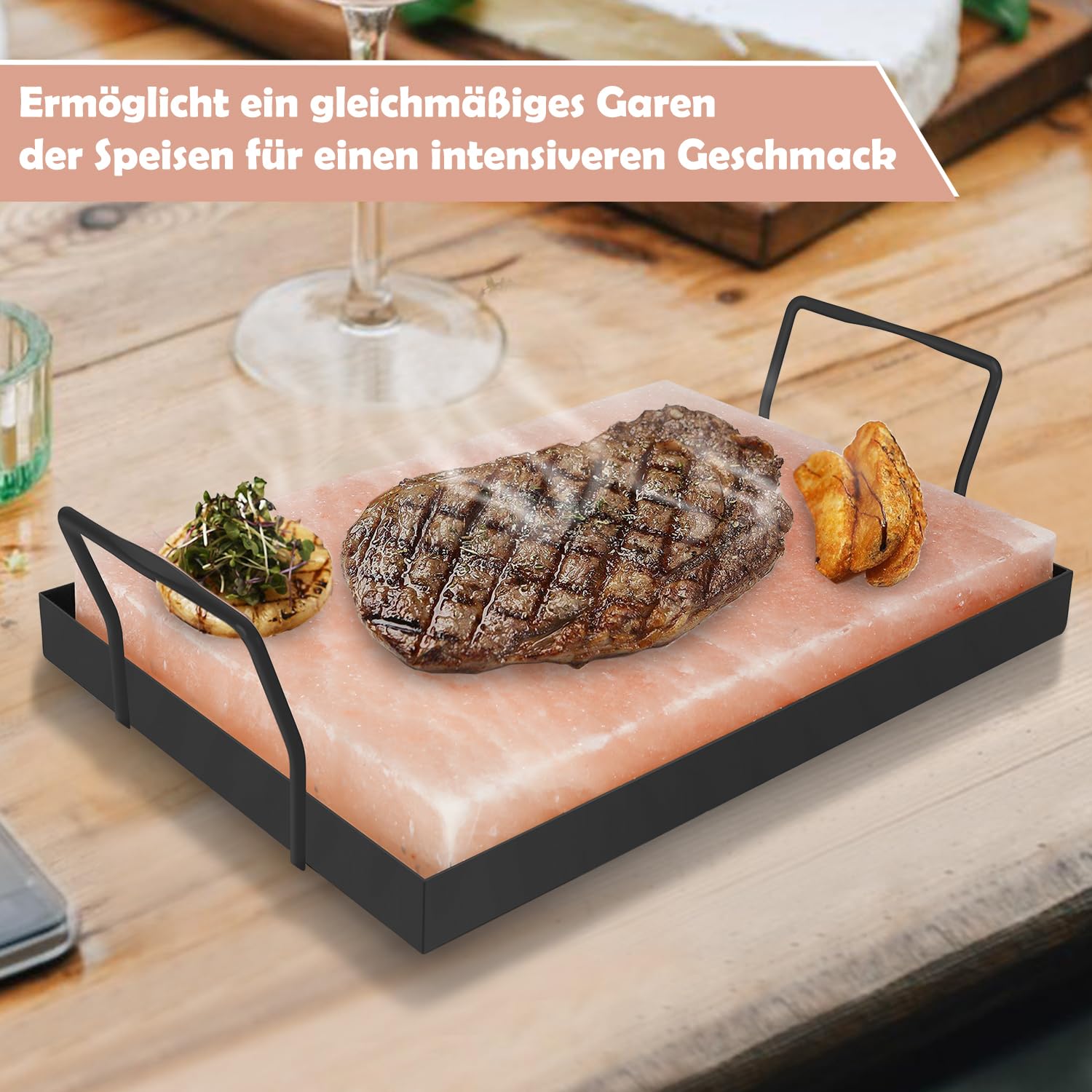 Lospitch Salzstein zum Grillen 20x30 cm Salzgrillstein mit Eisenplatte für BBQ
