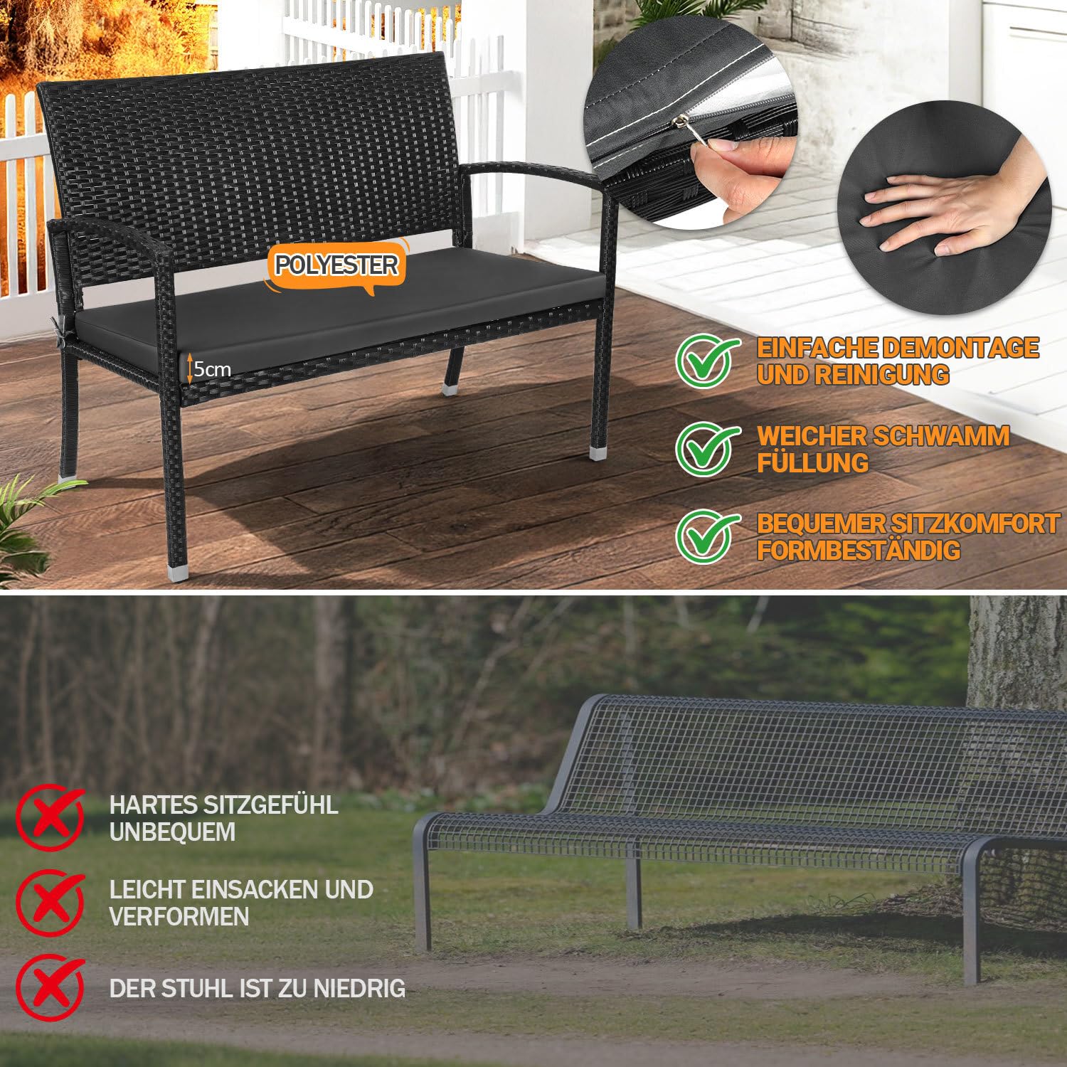 Lospitch Gartenbank Polyrattan 2-Sitzer mit Kissen für Garten und Terrasse