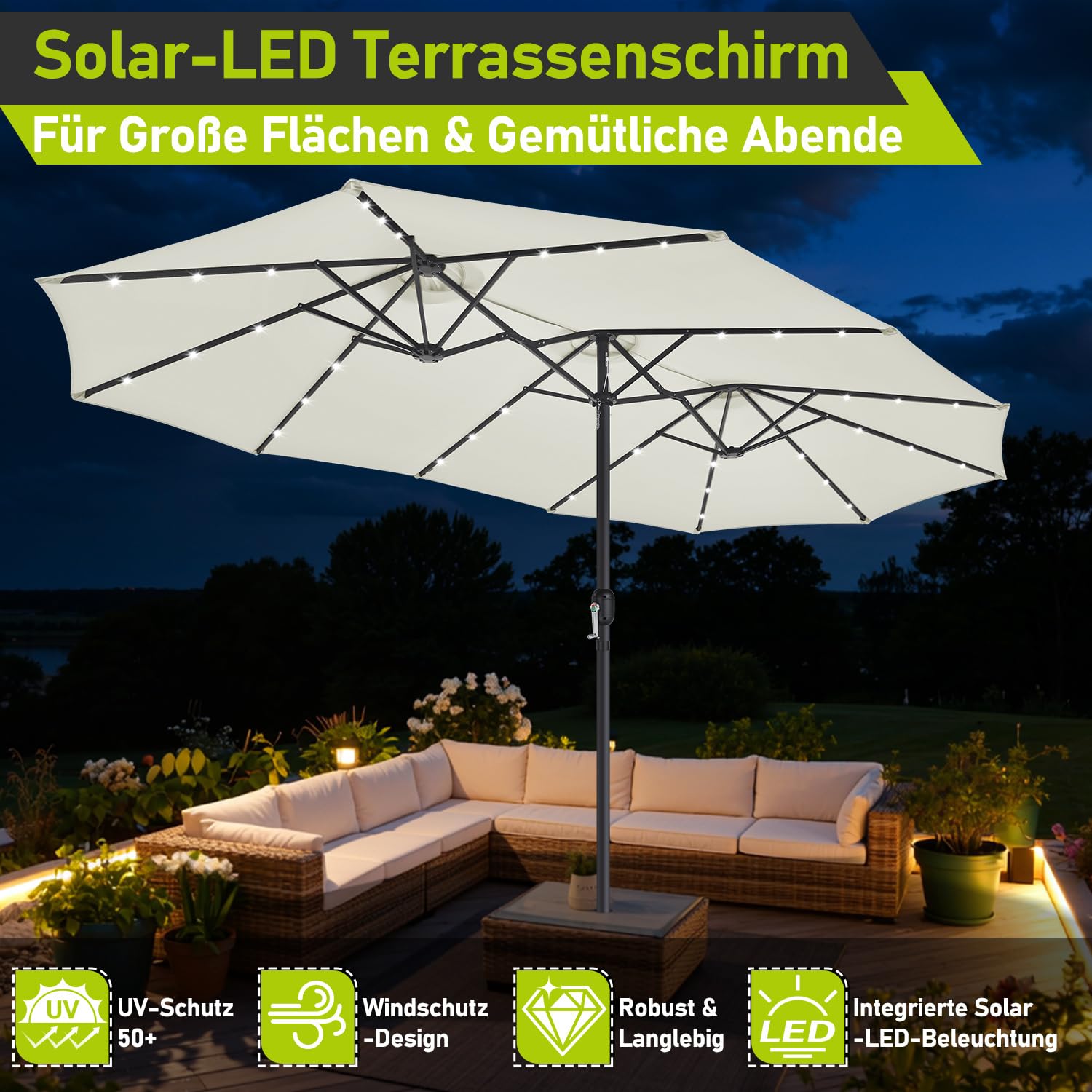 Lospitch Doppelsonnenschirm mit LED Solar rechteckig UV50 für Garten Terrasse