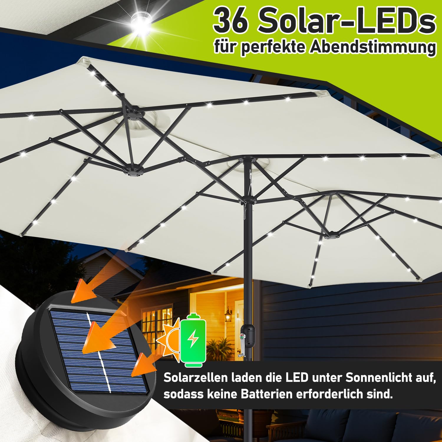 Lospitch Doppelsonnenschirm mit LED Solar rechteckig UV50 für Garten Terrasse