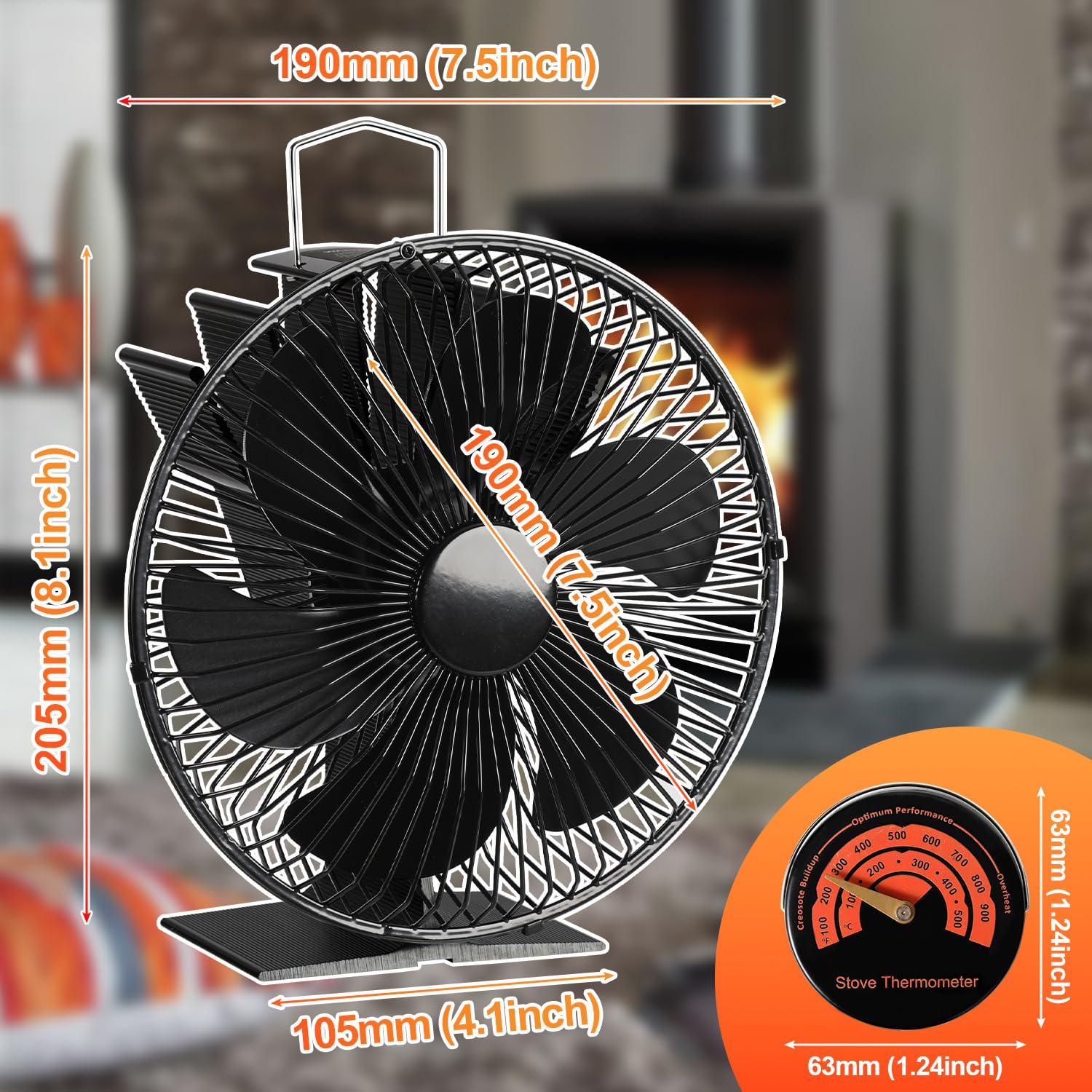 Lospitch Ofenventilator 6 Flügel mit Schutzhaube und Thermometer ohne Strom