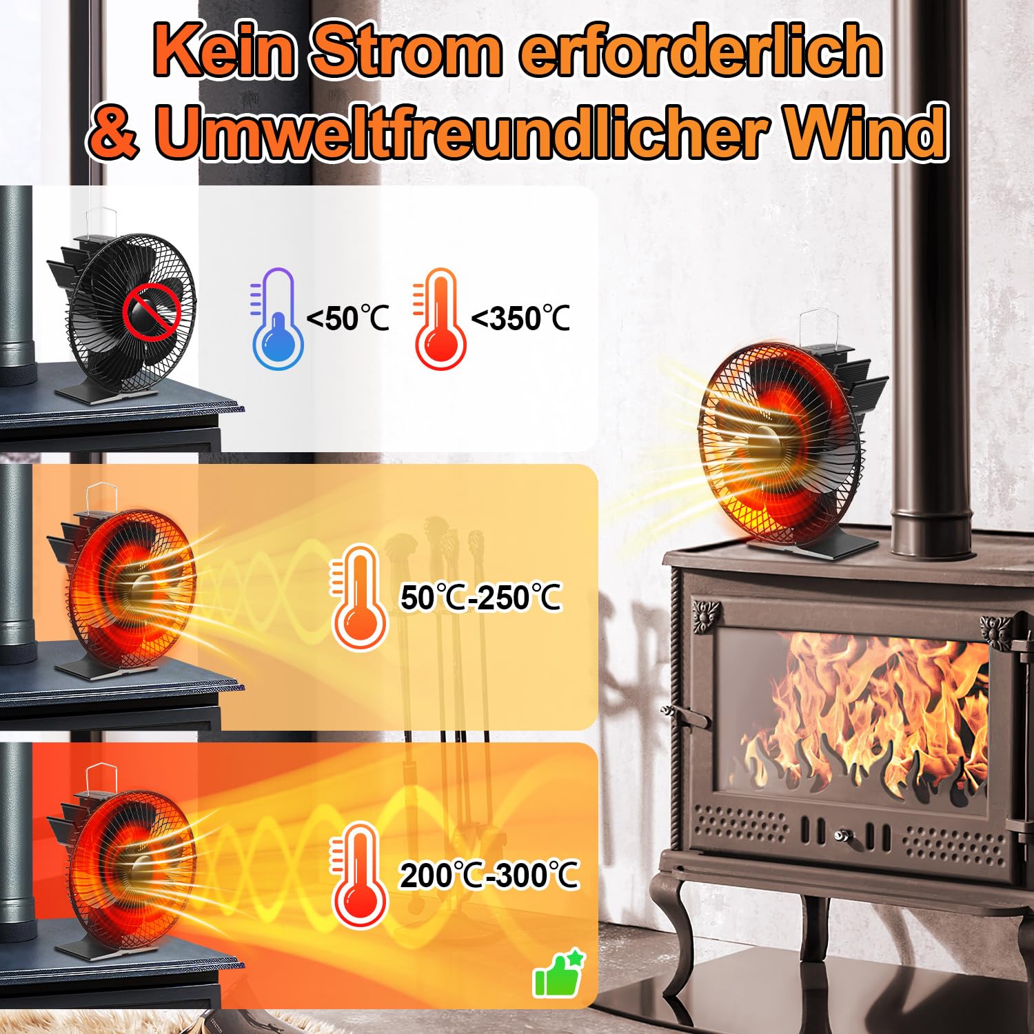 Lospitch Ofenventilator 6 Flügel mit Schutzhaube und Thermometer ohne Strom