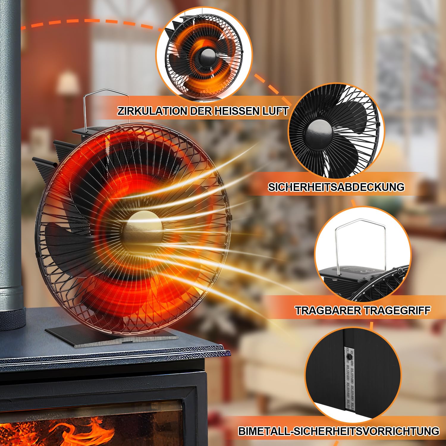 Lospitch Ofenventilator 6 Flügel mit Schutzhaube und Thermometer ohne Strom