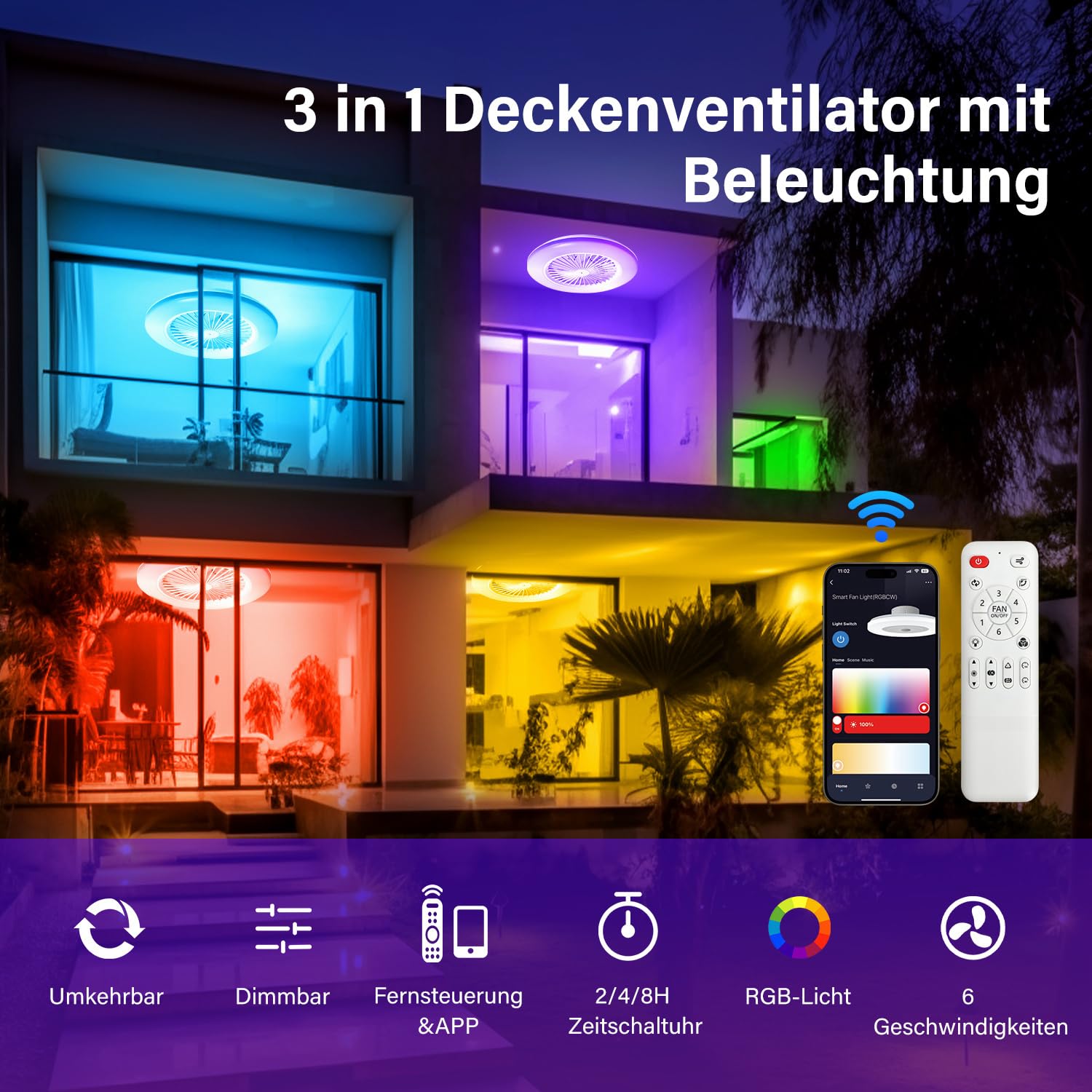 Lospitch LED Deckenventilator mit Licht Ø50 cm 6 Stufen Fernbedienung