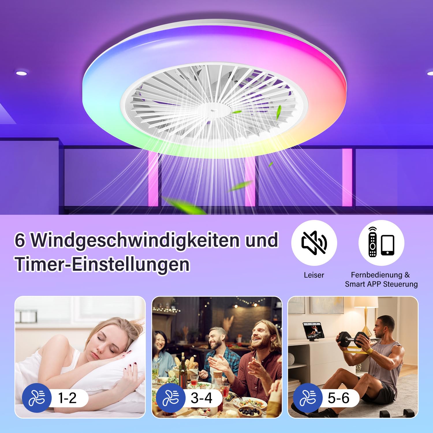 Lospitch LED Deckenventilator mit Licht Ø50 cm 6 Stufen Fernbedienung