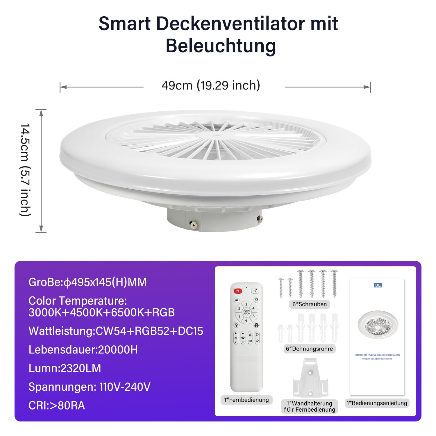 Lospitch LED Deckenventilator mit Licht Ø50 cm 6 Stufen Fernbedienung