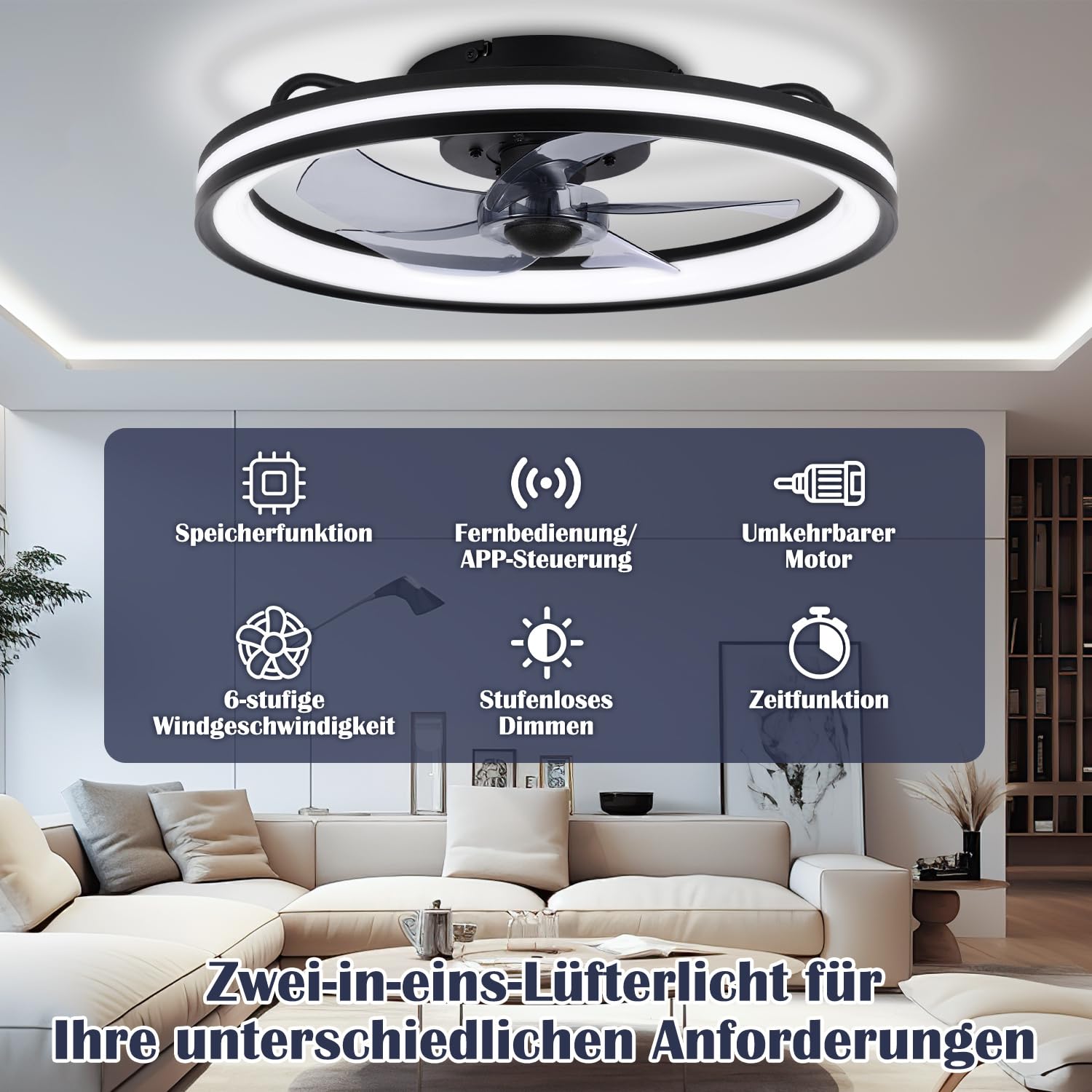 Lospitch LED Deckenventilator mit Licht Ø50 cm 6 Stufen Fernbedienung
