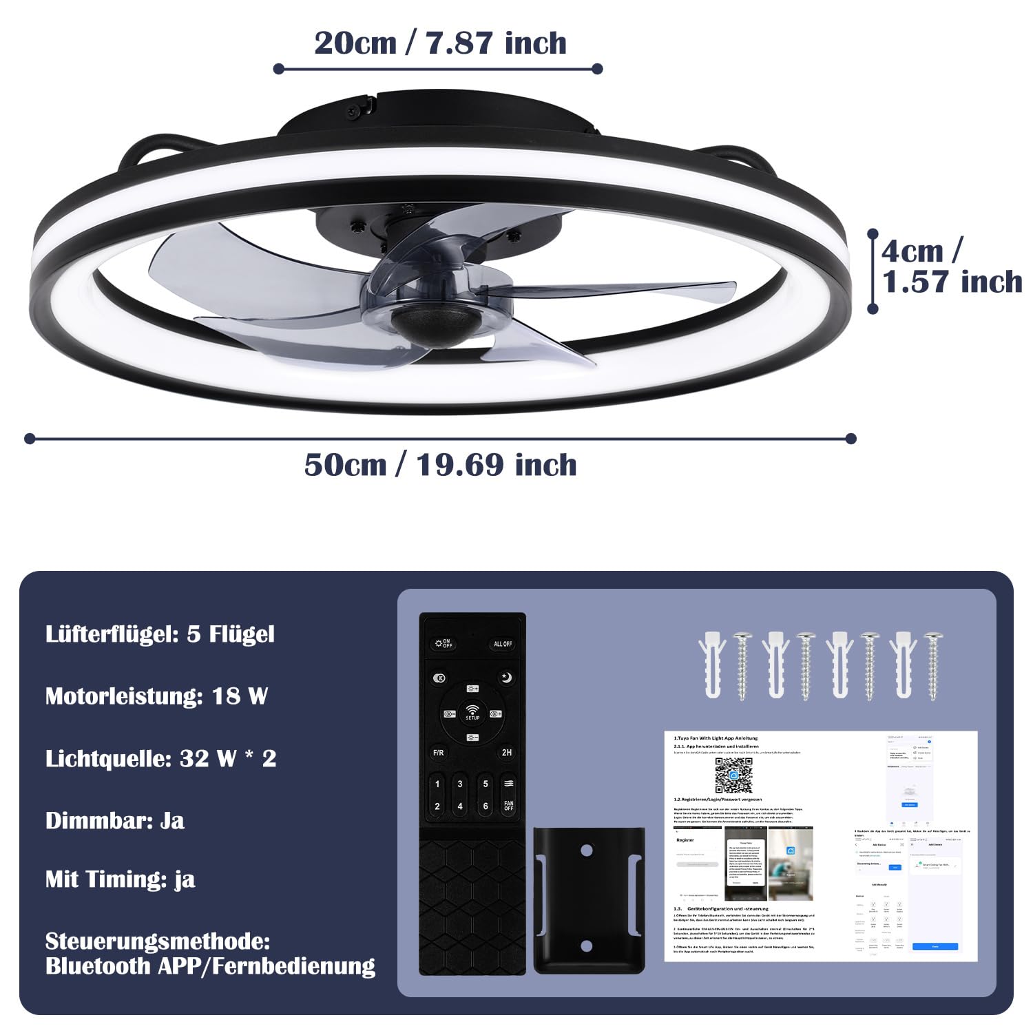 Lospitch LED Deckenventilator mit Licht Ø50 cm 6 Stufen Fernbedienung