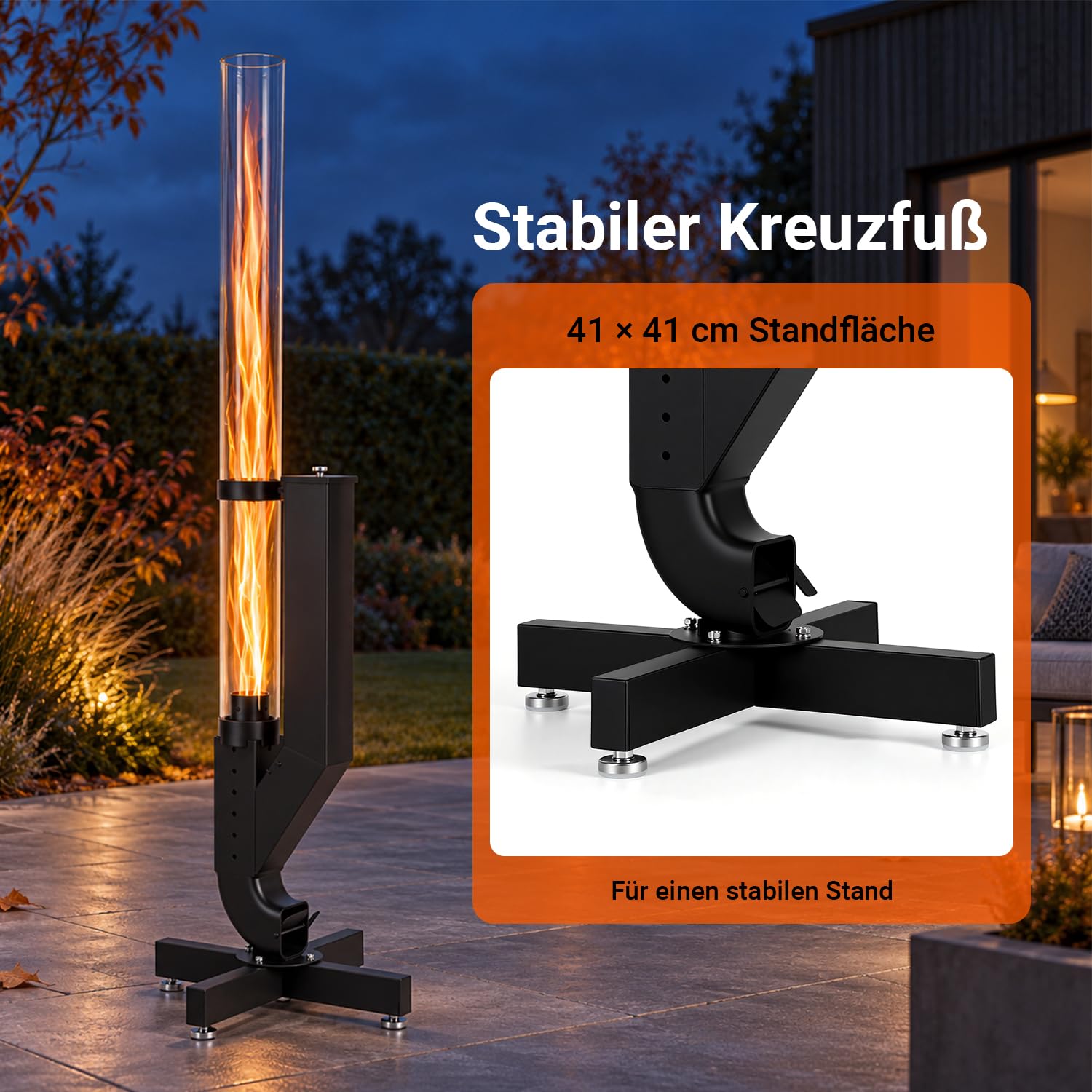 Lospitch Pelletfackel 138 cm mit Glasrohr und Kreuzfuß für Garten und Terrasse
