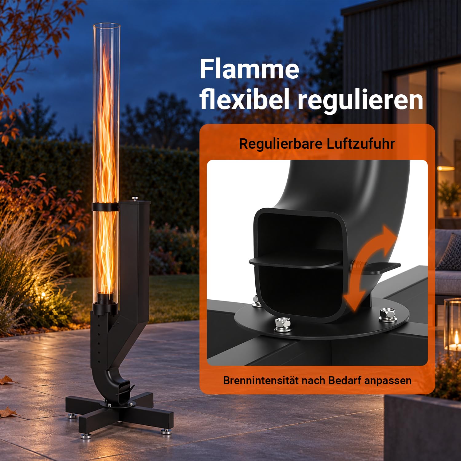 Lospitch Pelletfackel 138 cm mit Glasrohr und Kreuzfuß für Garten und Terrasse