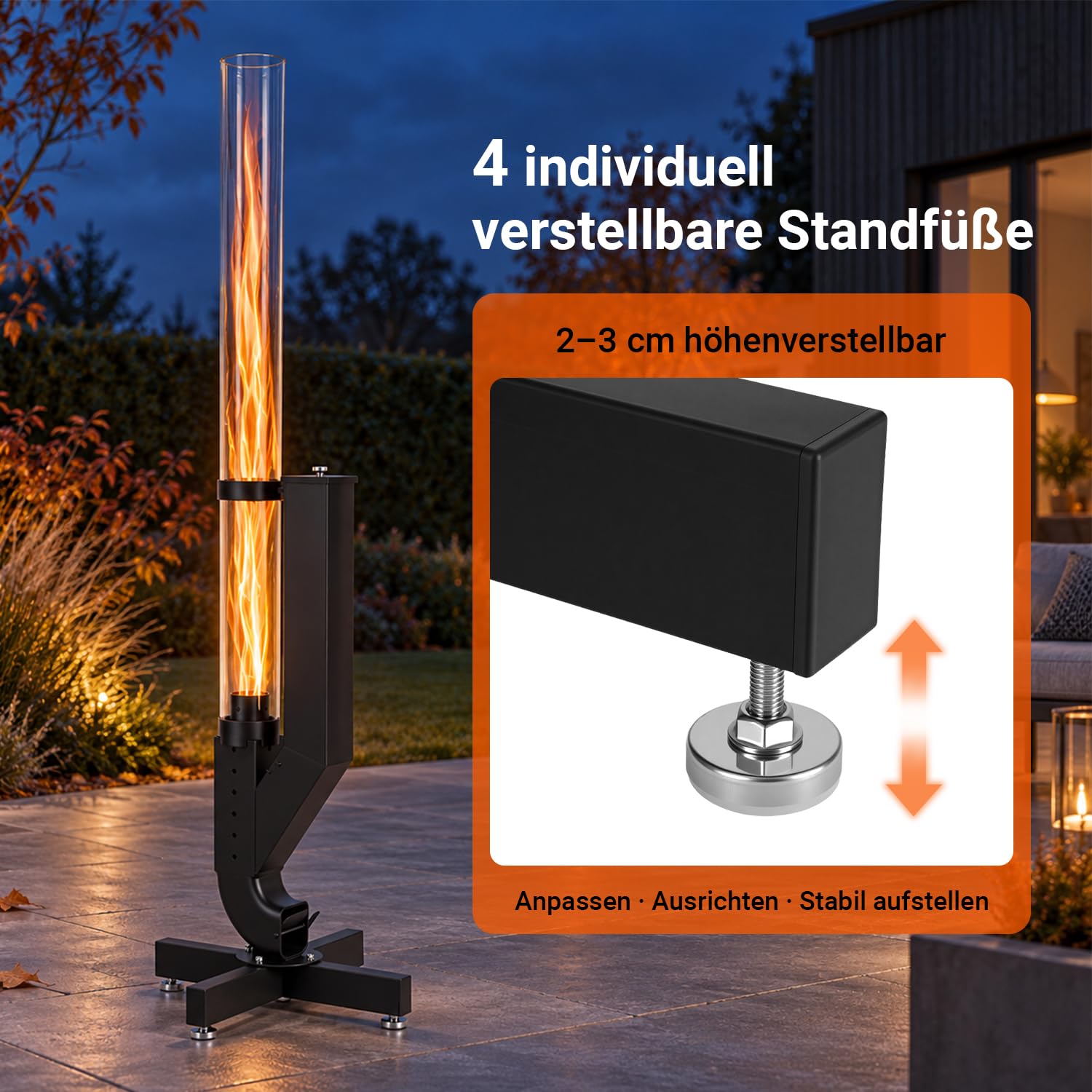 Lospitch Pelletfackel 138 cm mit Glasrohr und Kreuzfuß für Garten und Terrasse