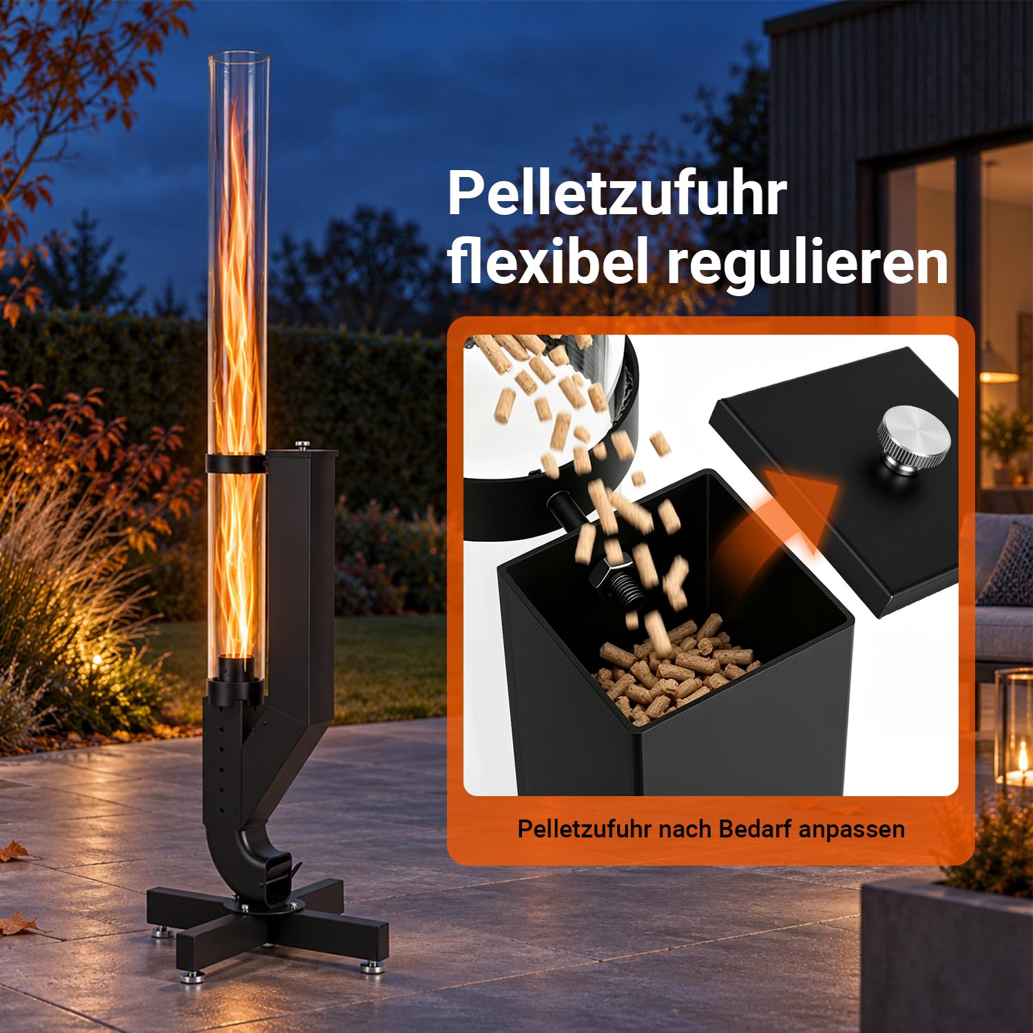 Lospitch Pelletfackel 138 cm mit Glasrohr und Kreuzfuß für Garten und Terrasse