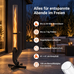 Lospitch Pelletfackel 138 cm mit Glasrohr und Kreuzfuß für Garten und Terrasse