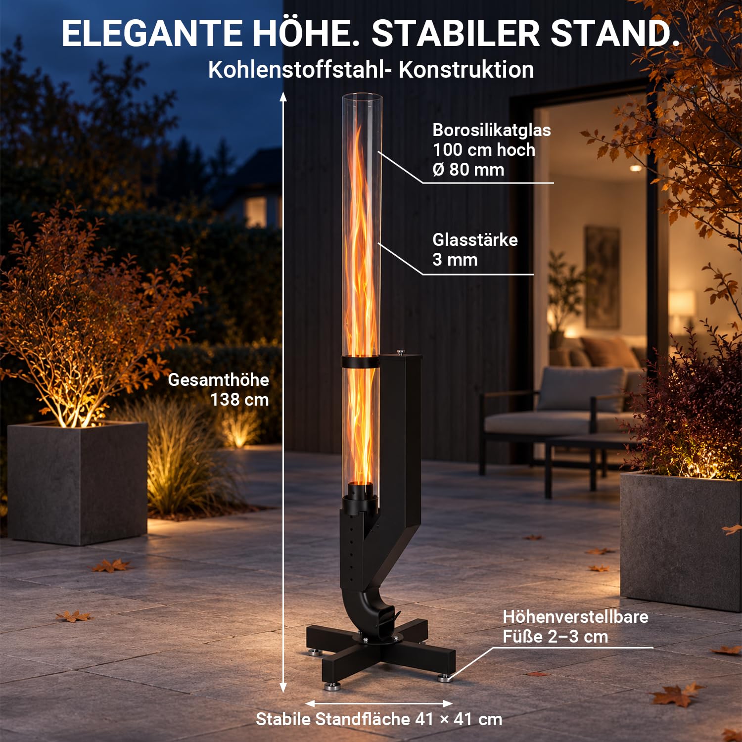 Lospitch Pelletfackel 138 cm mit Glasrohr und Kreuzfuß für Garten und Terrasse
