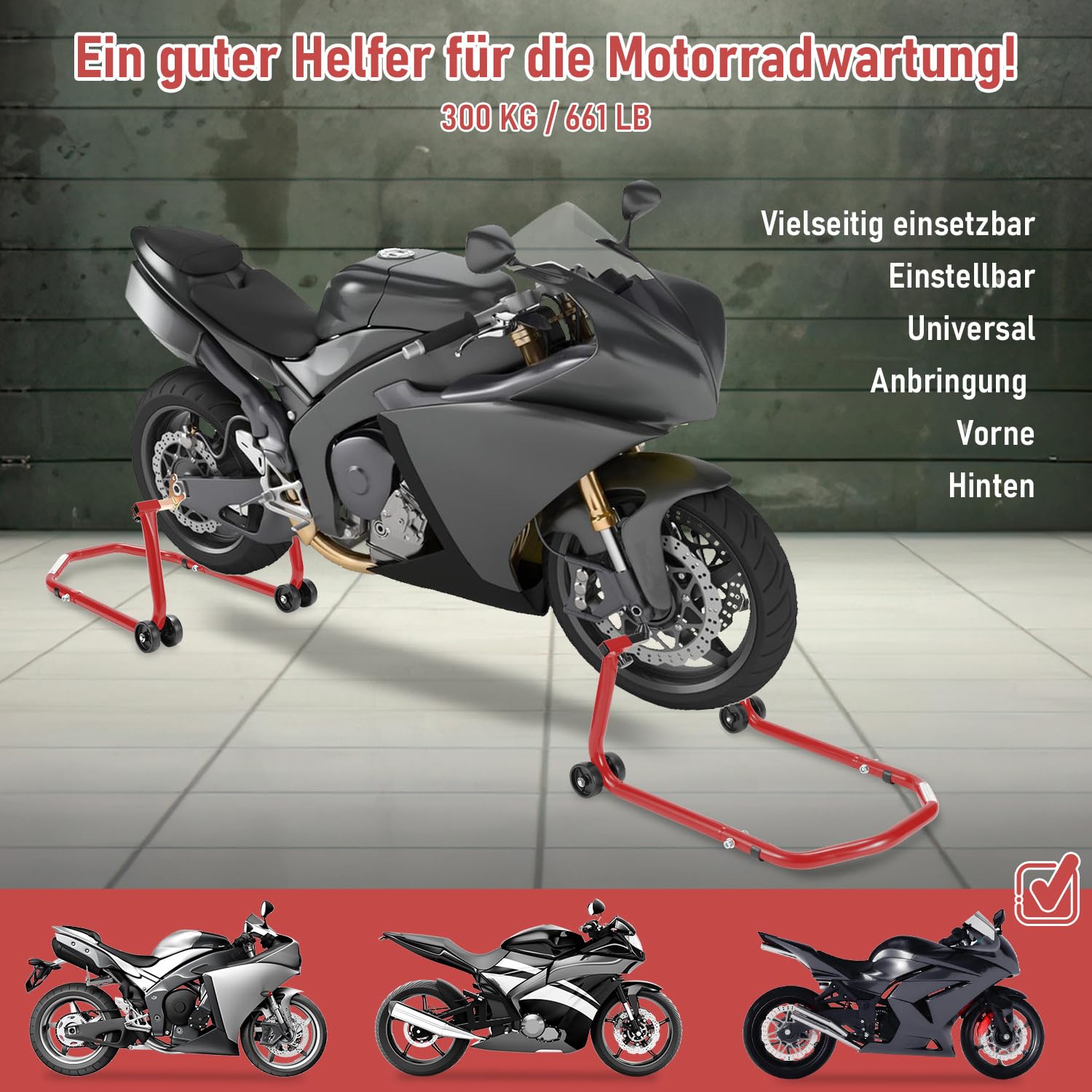 Lospitch Motorradständer Set vorne hinten 300 kg verstellbar mit Rollen