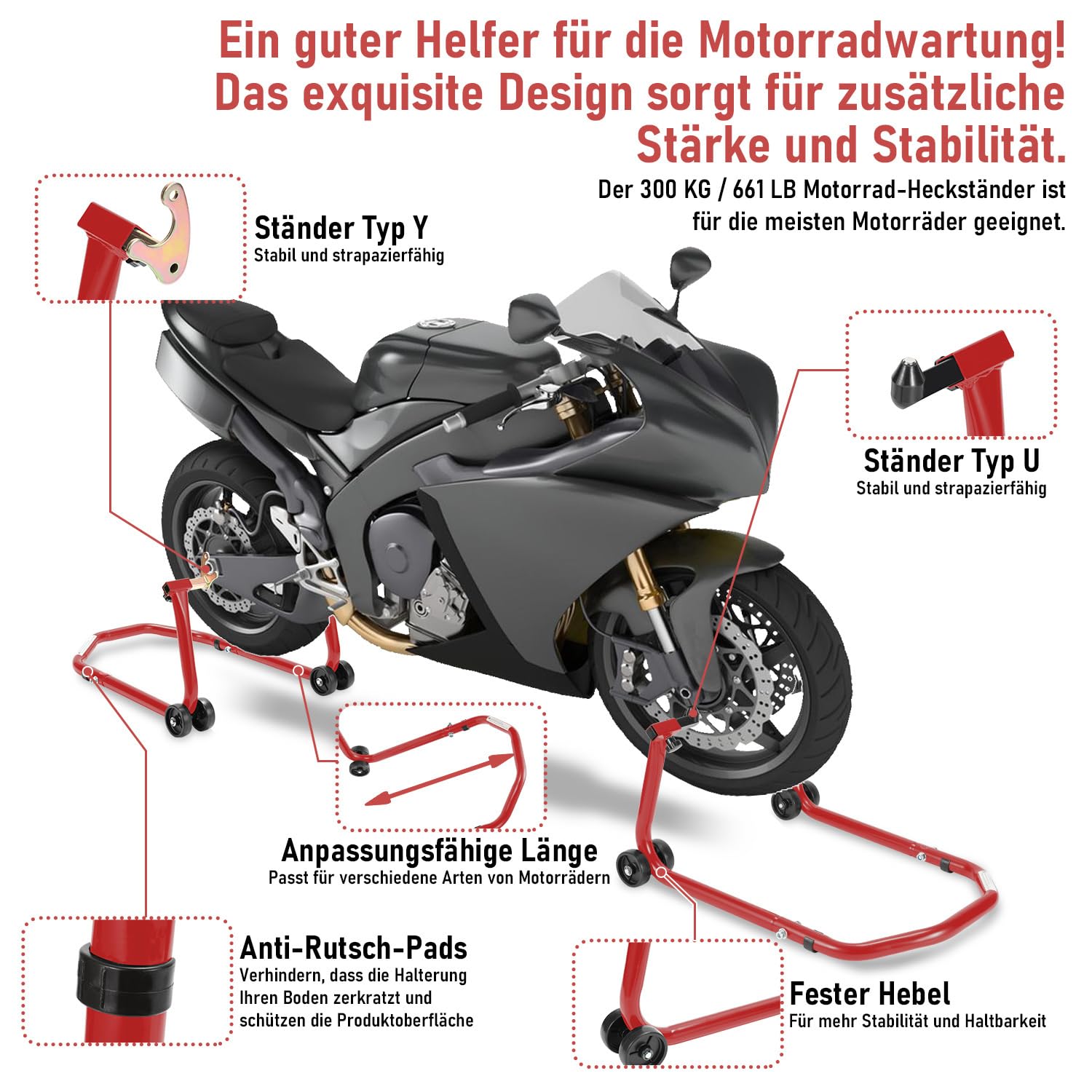 Lospitch Motorradständer Set vorne hinten 300 kg verstellbar mit Rollen