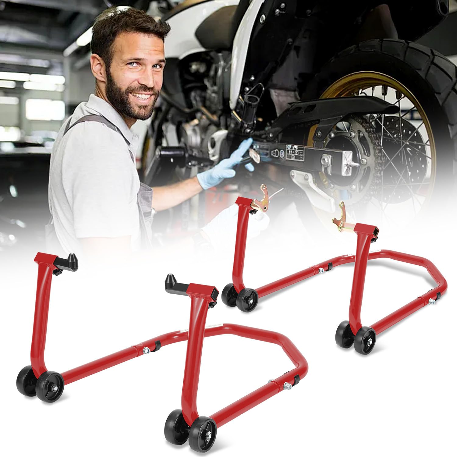 Lospitch Motorradständer Set vorne hinten 300 kg verstellbar mit Rollen