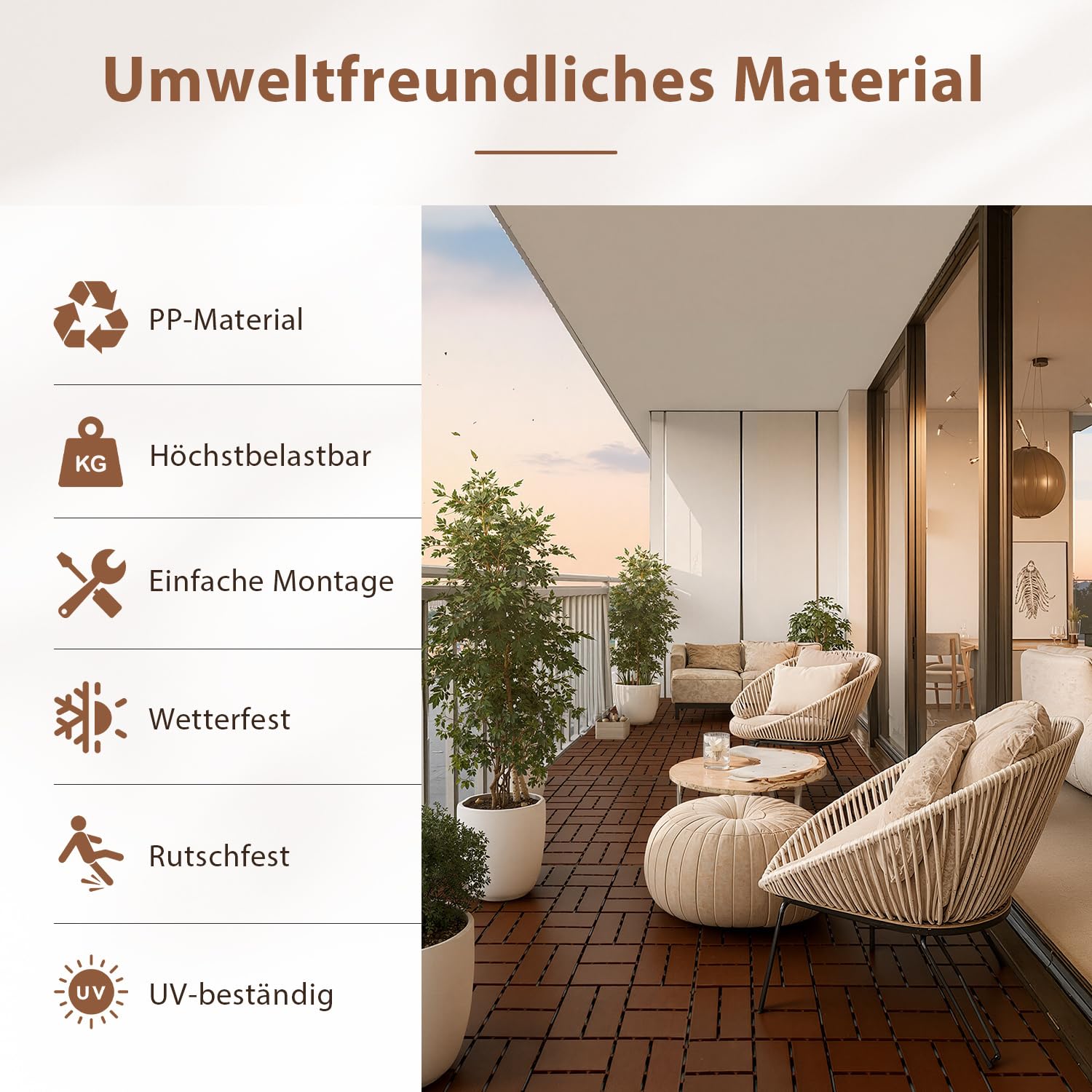 Lospitch Klickfliesen Kunststoff 30x30 cm für Balkon Terrasse Pool