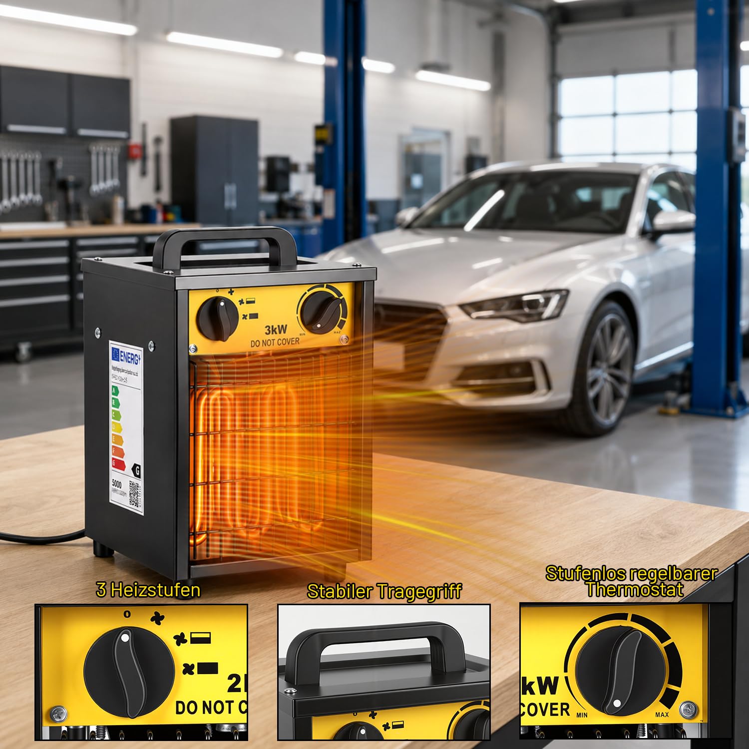 Lospitch Heizlüfter 2000/3000W mit Thermostat für Werkstatt Garage Baustelle