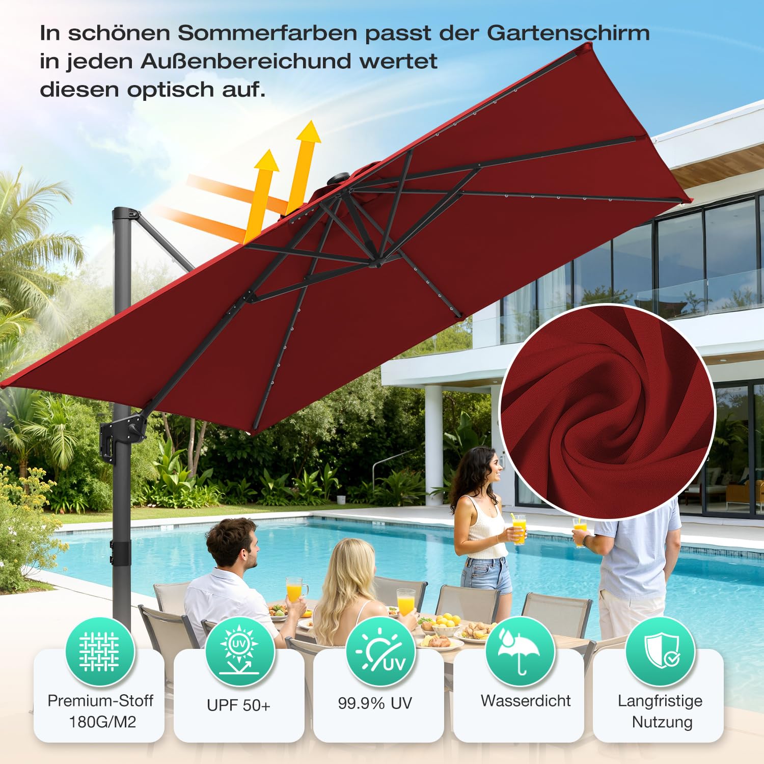 Lospitch Ampelschirm 3x3m 360° drehbar UV50+ für Garten und Terrasse