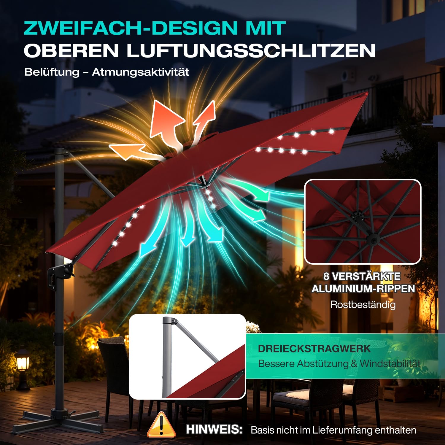 Lospitch Ampelschirm 3x3m 360° drehbar UV50+ für Garten und Terrasse