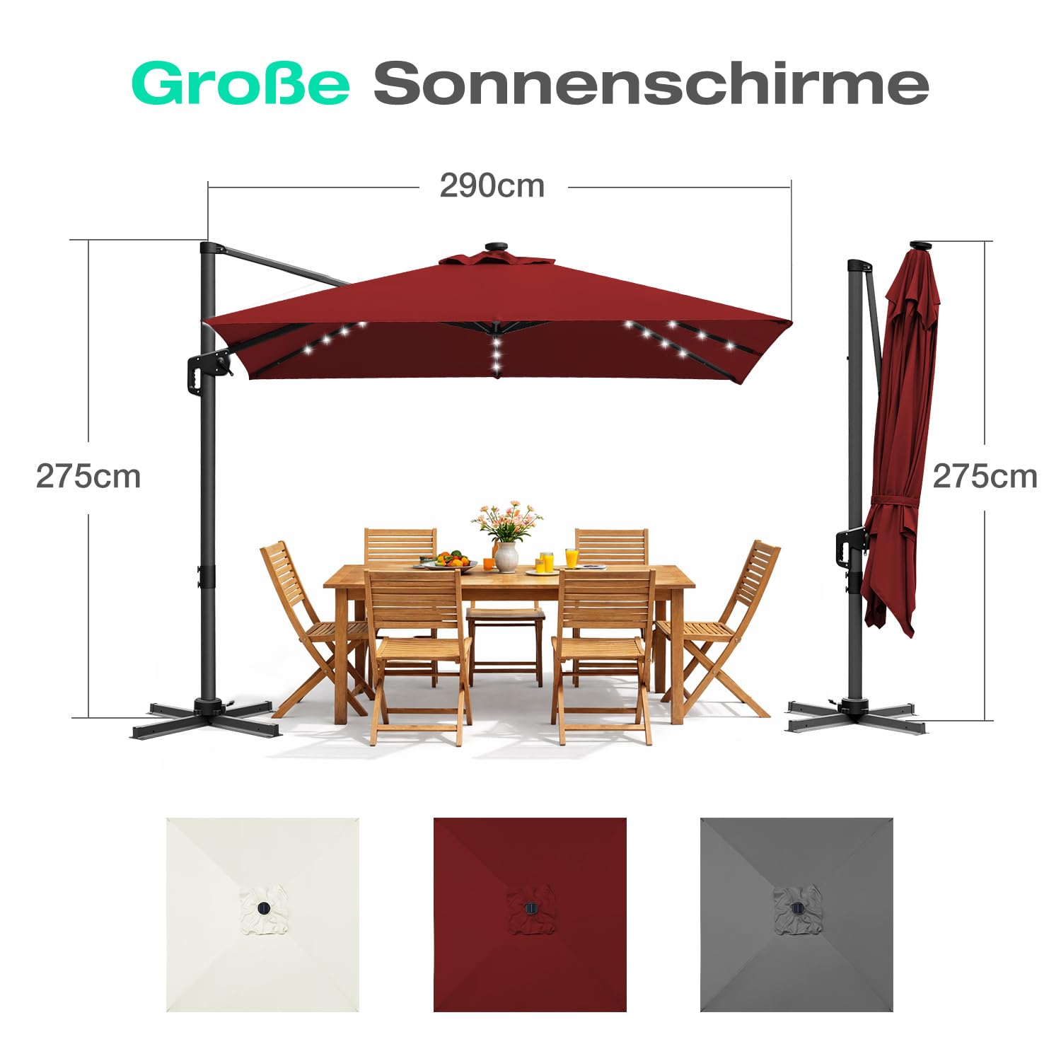 Lospitch Ampelschirm 3x3m 360° drehbar UV50+ für Garten und Terrasse