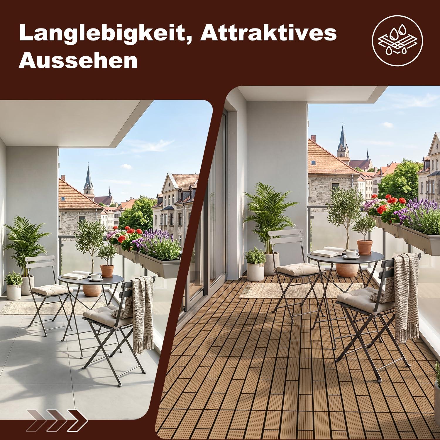 Lospitch WPC Balkonfliesen 30x60 cm Teak Klicksystem für Terrasse und Garten