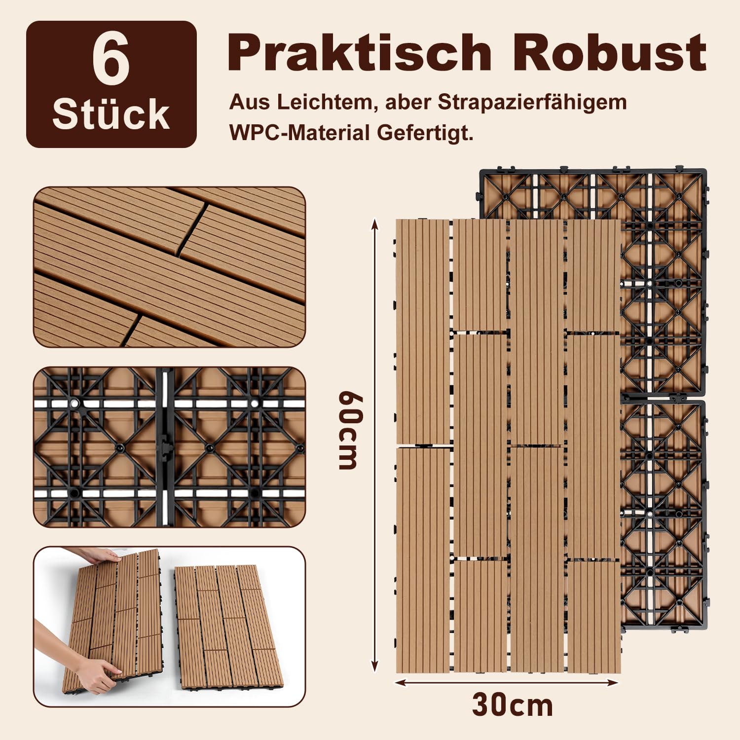Lospitch WPC Balkonfliesen 30x60 cm Teak Klicksystem für Terrasse und Garten