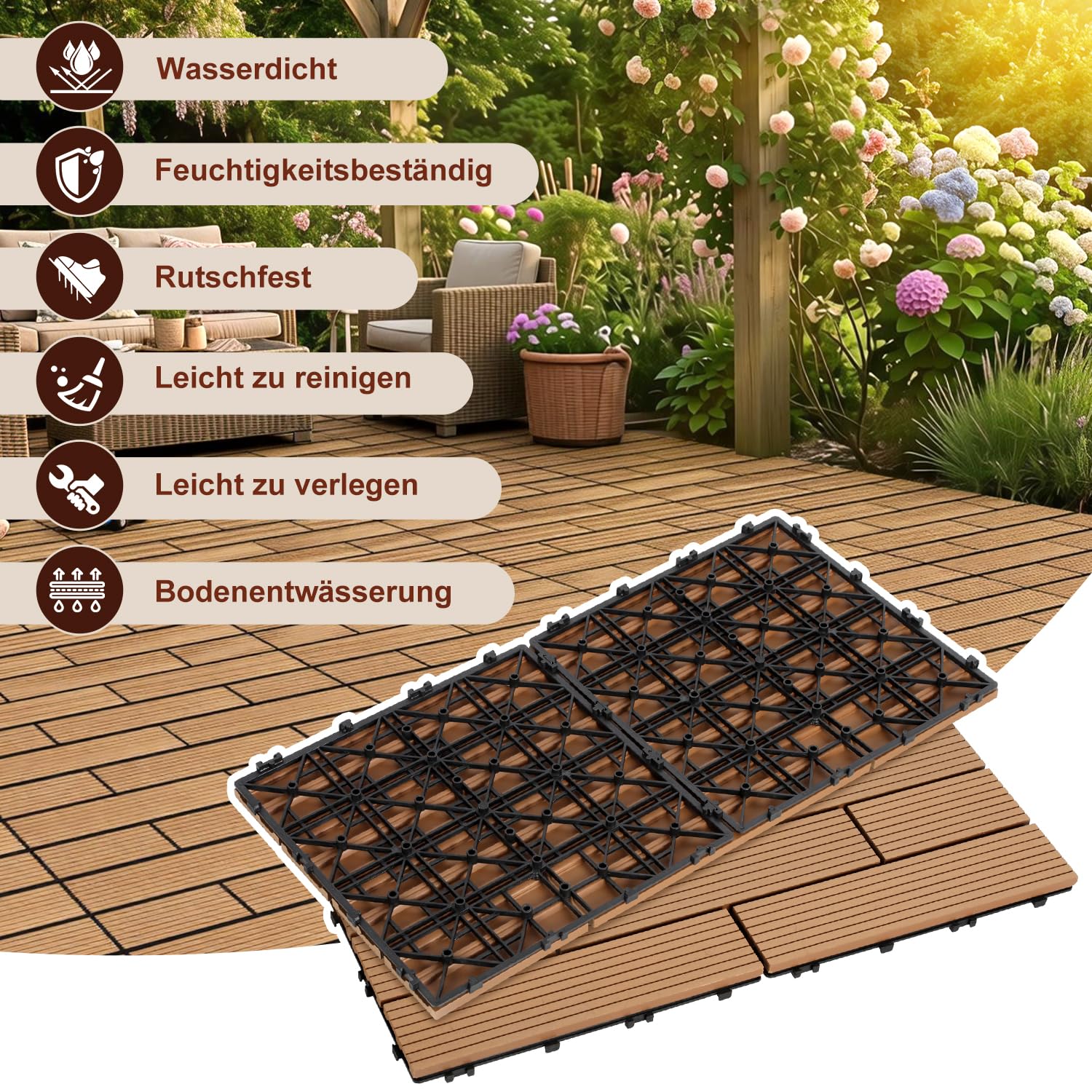 Lospitch WPC Balkonfliesen 30x60 cm Teak Klicksystem für Terrasse und Garten