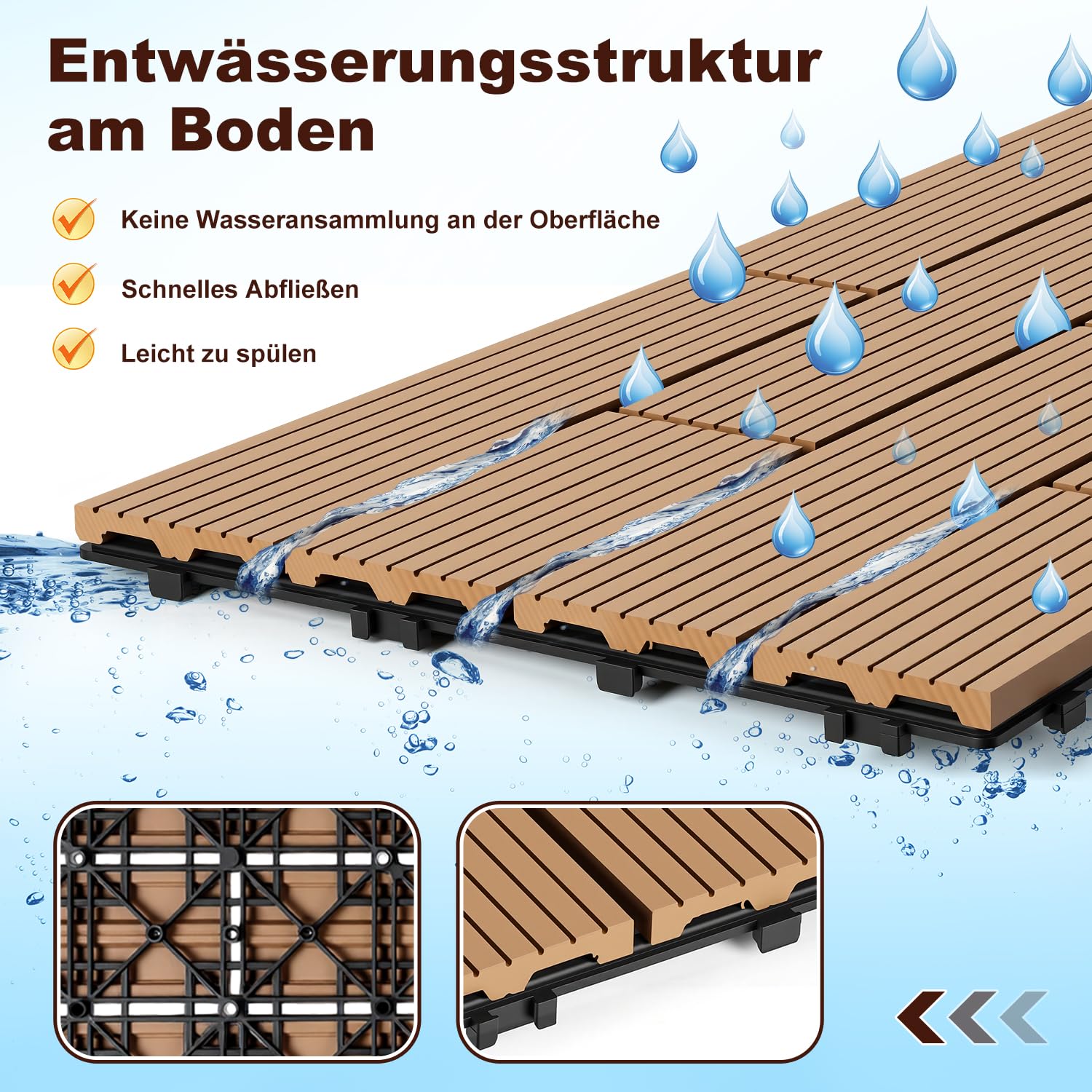 Lospitch WPC Balkonfliesen 30x60 cm Teak Klicksystem für Terrasse und Garten