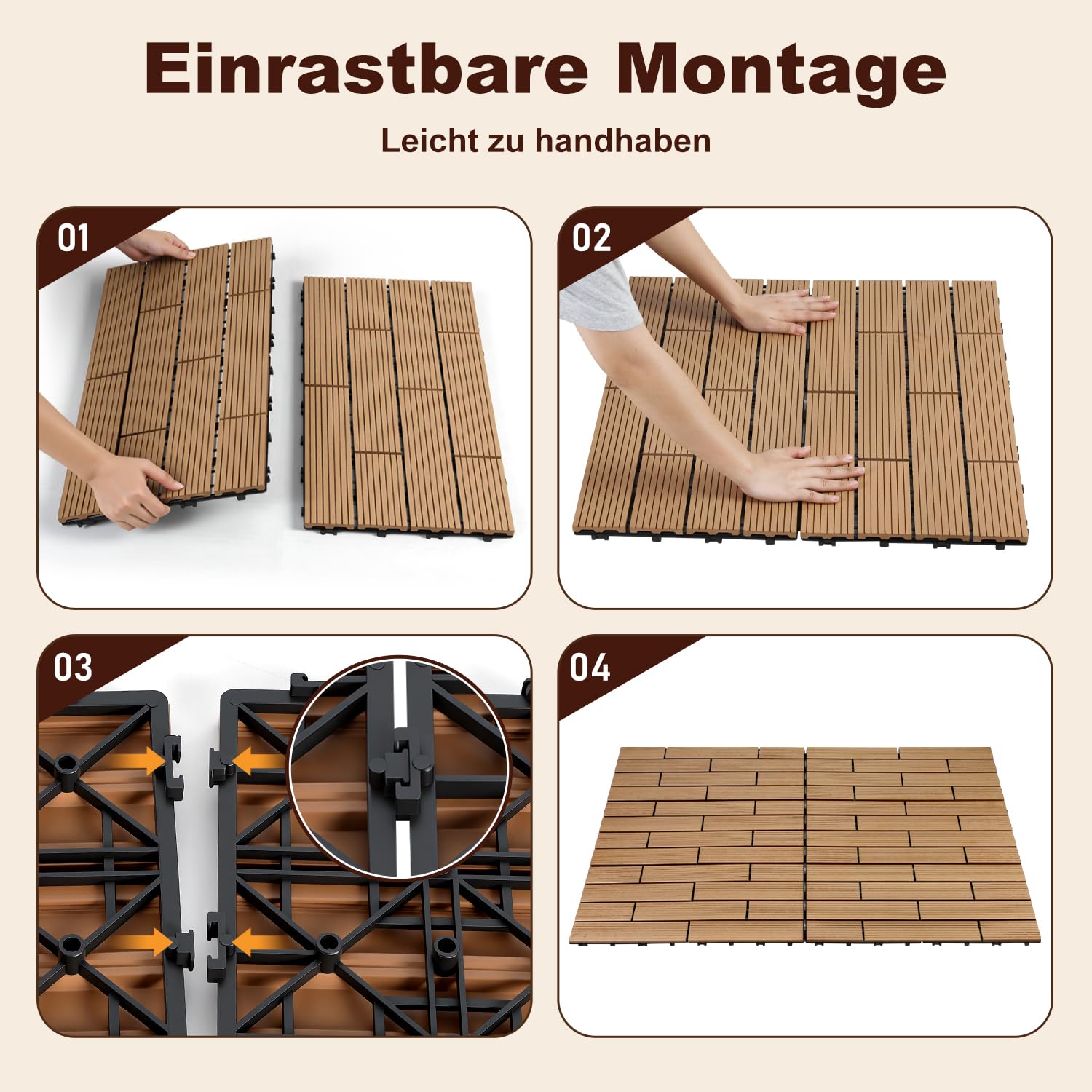 Lospitch WPC Balkonfliesen 30x60 cm Teak Klicksystem für Terrasse und Garten