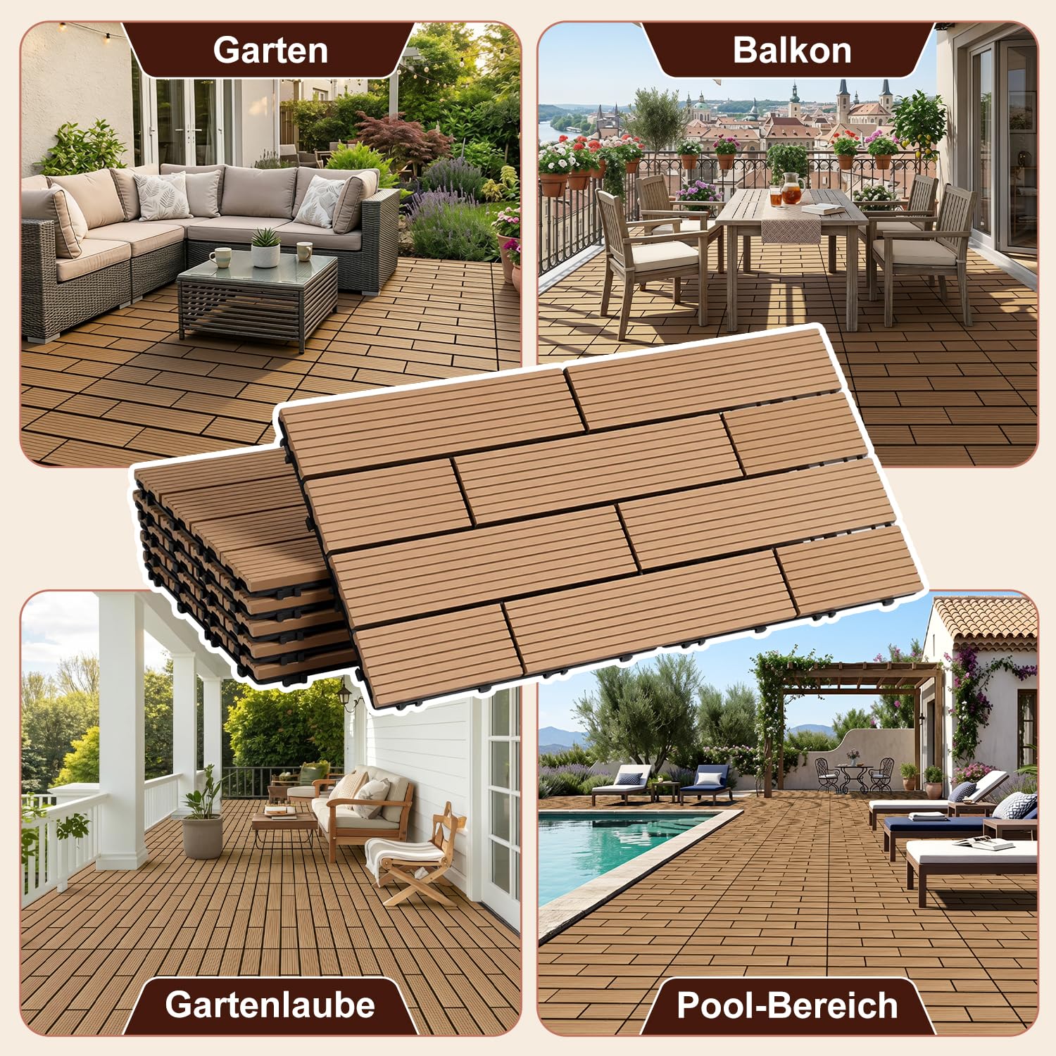 Lospitch WPC Balkonfliesen 30x60 cm Teak Klicksystem für Terrasse und Garten