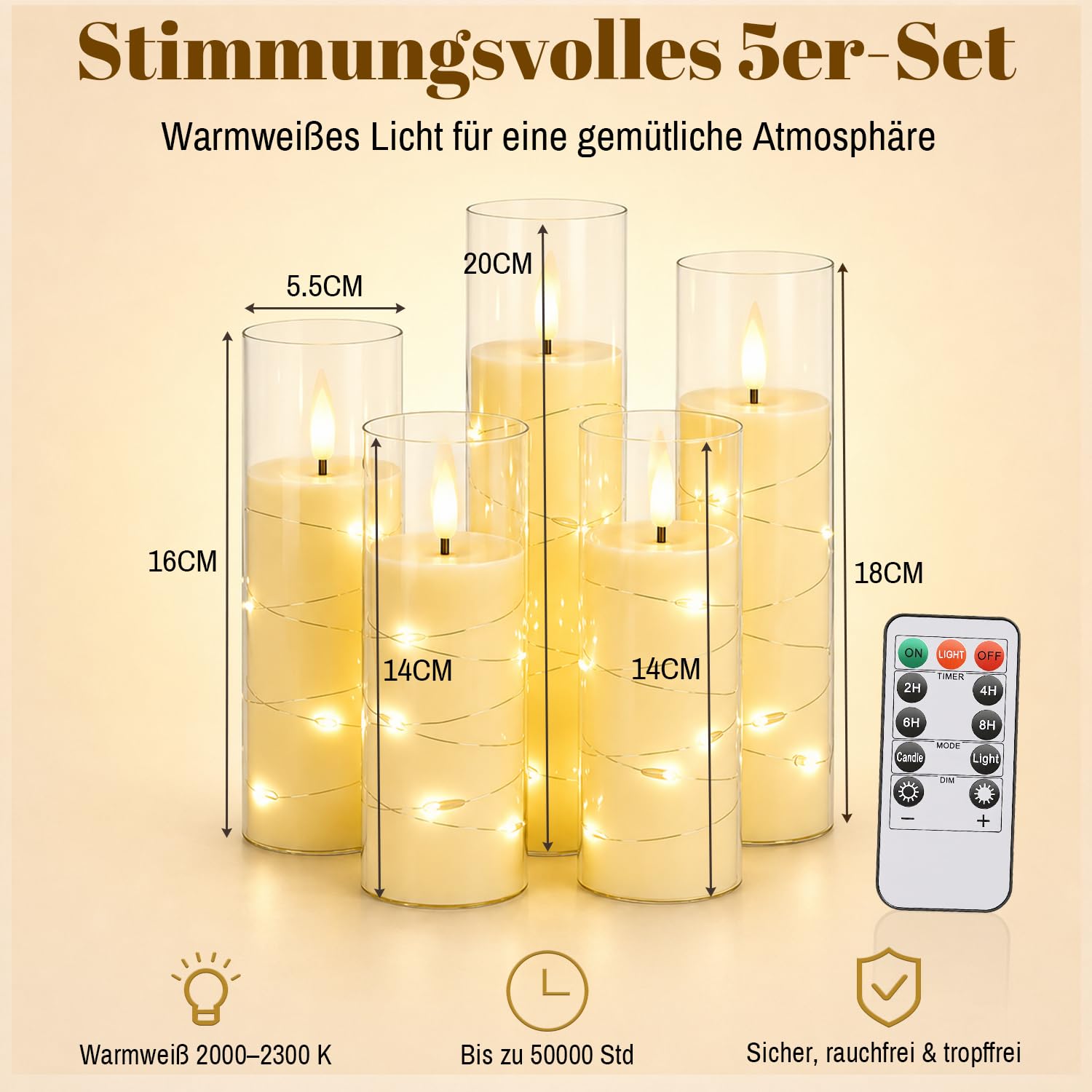 Lospitch LED Kerzen 3er/5er Set mit Fernbedienung Timer und Lichterkette