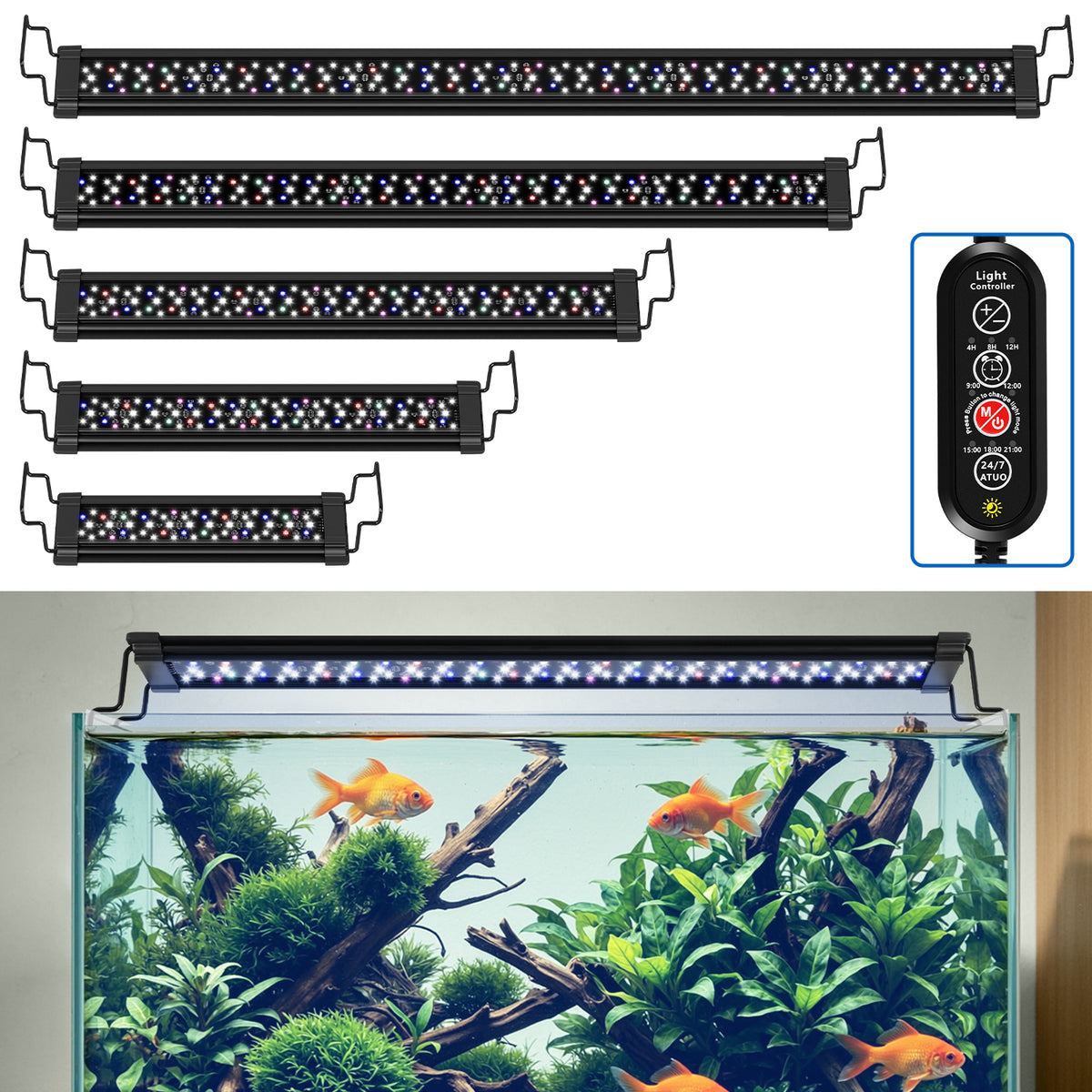 Lospitch LED Aquarienbeleuchtung 12–36W mit 4/8/12H Timer IP66 für 30–120 cm Becken
