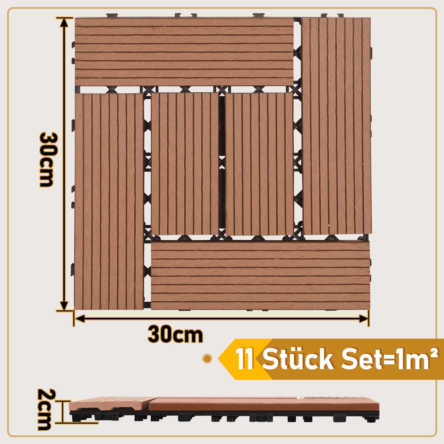 Lospitch WPC Terrassenfliesen 30 x 30 cm in Holzstruktur