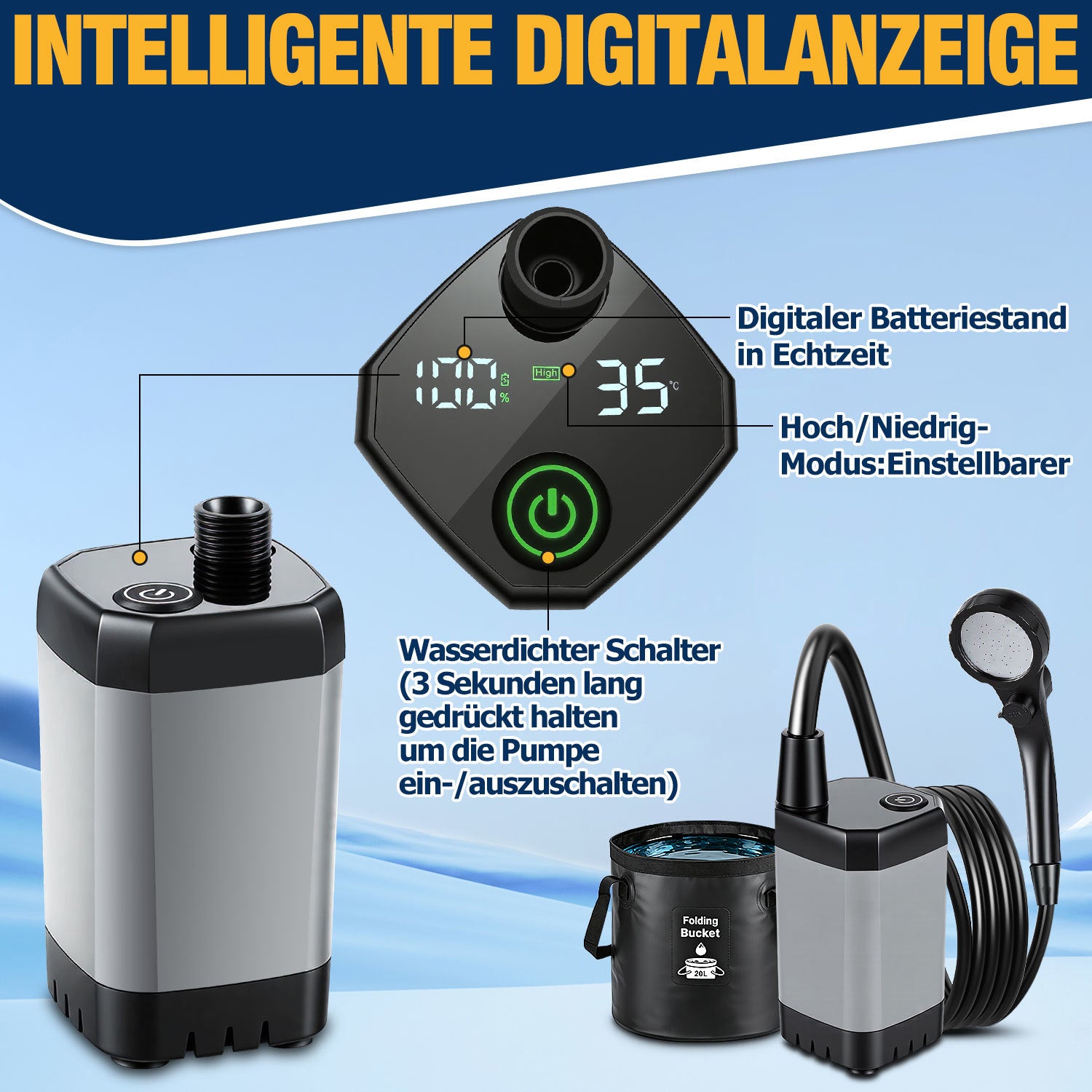 Lospitch Campingdusche mit 6000 mAh Akku und 20 L Falteimer