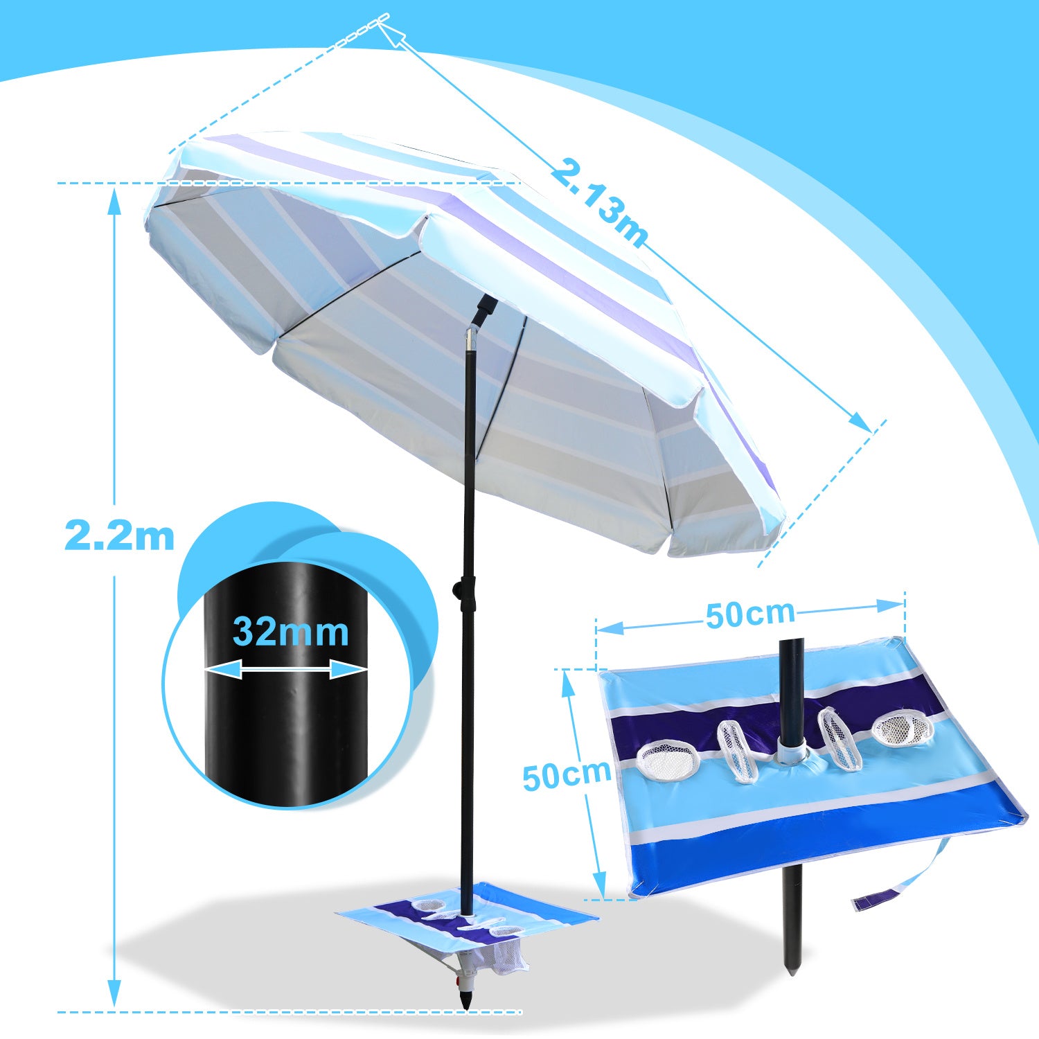 Lospitch Strandschirm Ø213 cm UV50+ höhenverstellbar mit Tisch